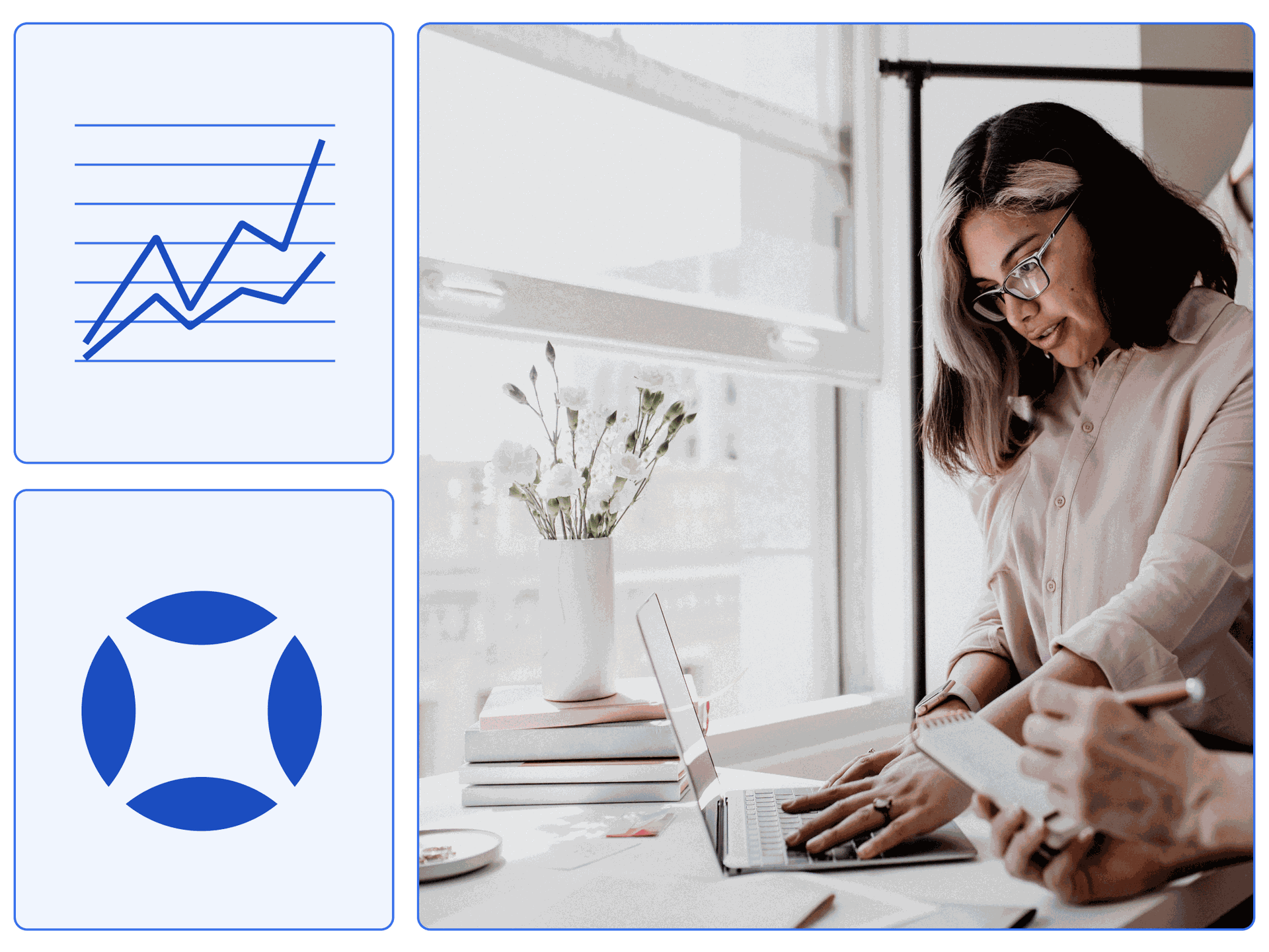 A female marketer reviewing campaign metrics on a laptop. Another colleague takes notes.