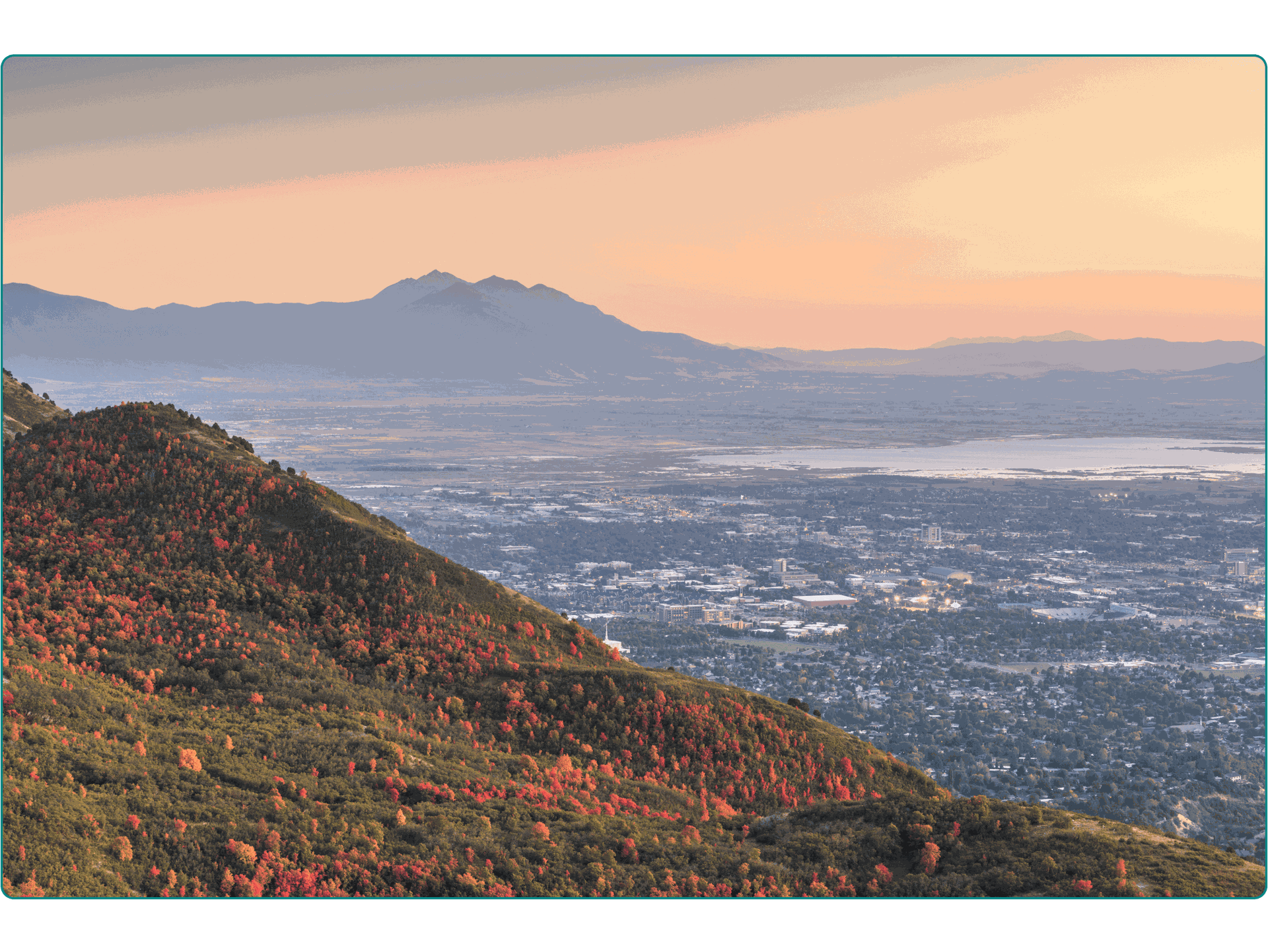 A panoramic view of the Utah Valley at sunset.