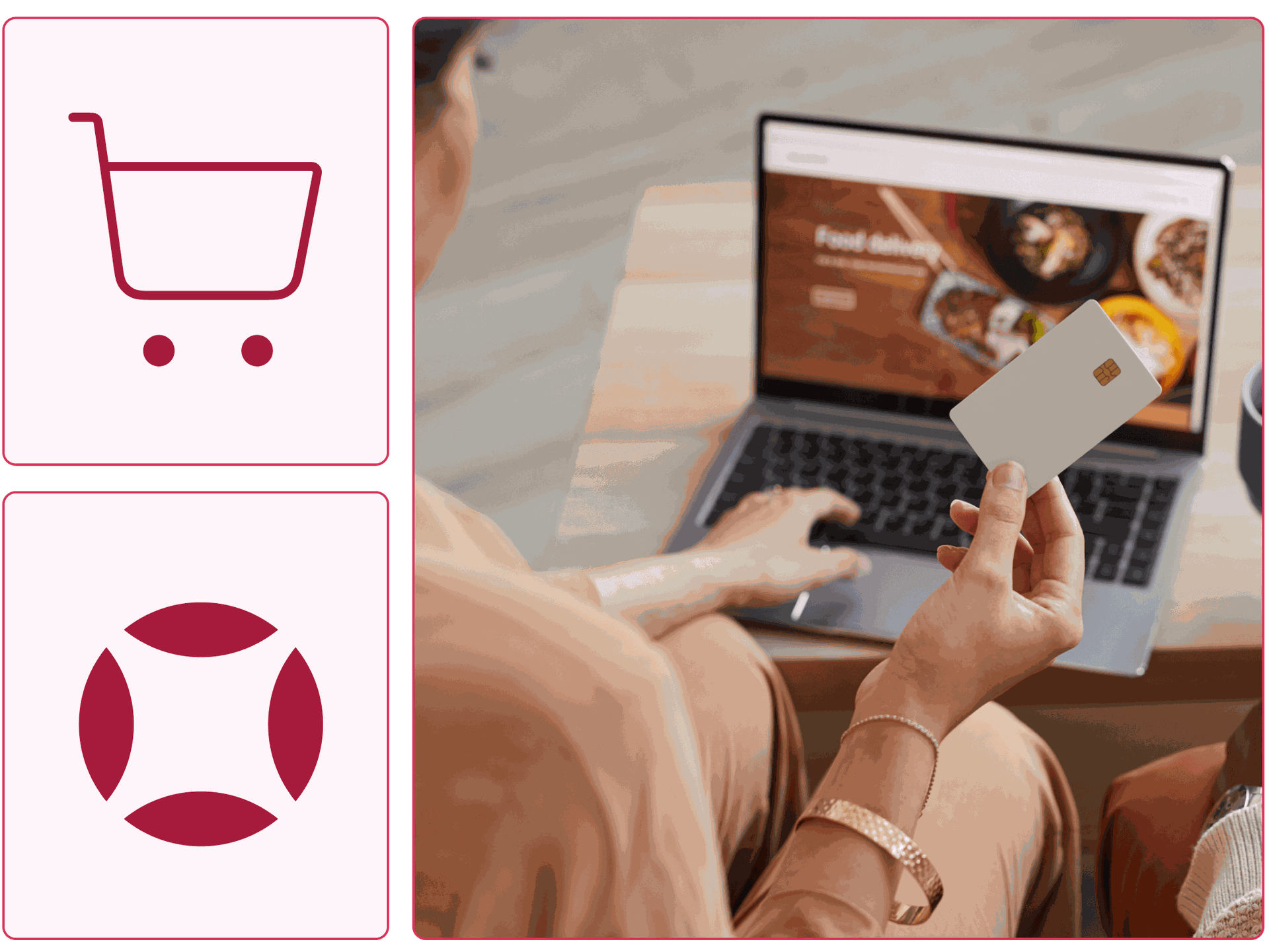 A woman using a credit card to complete an online purchase.