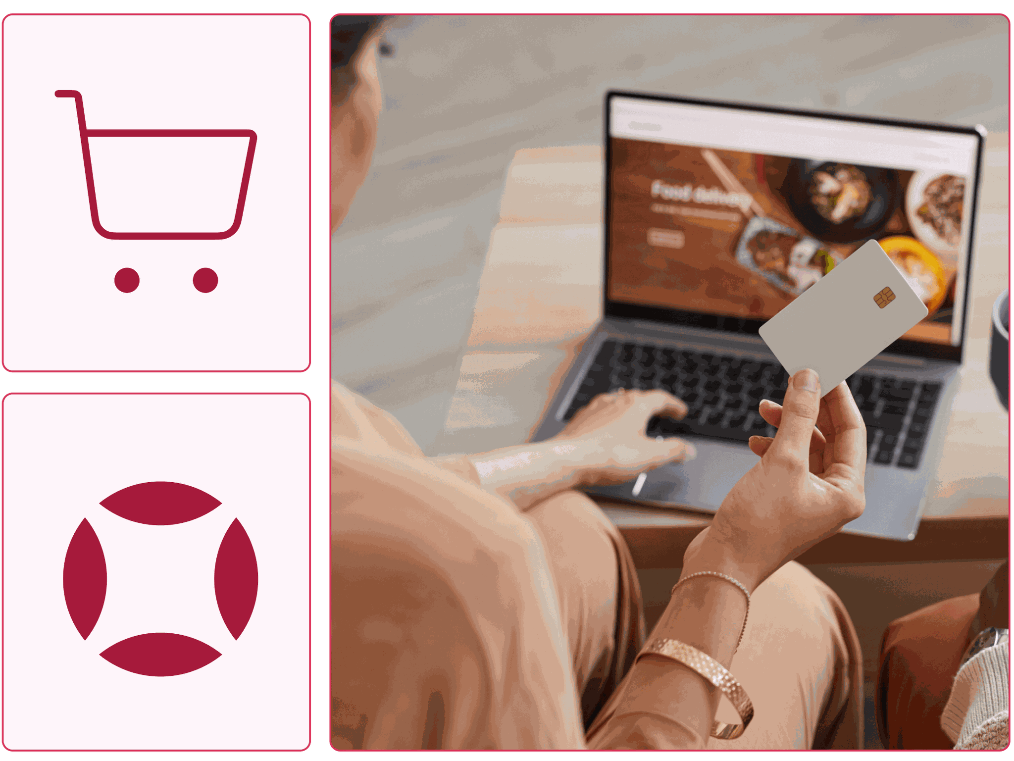 A woman using a credit card to complete an online purchase.