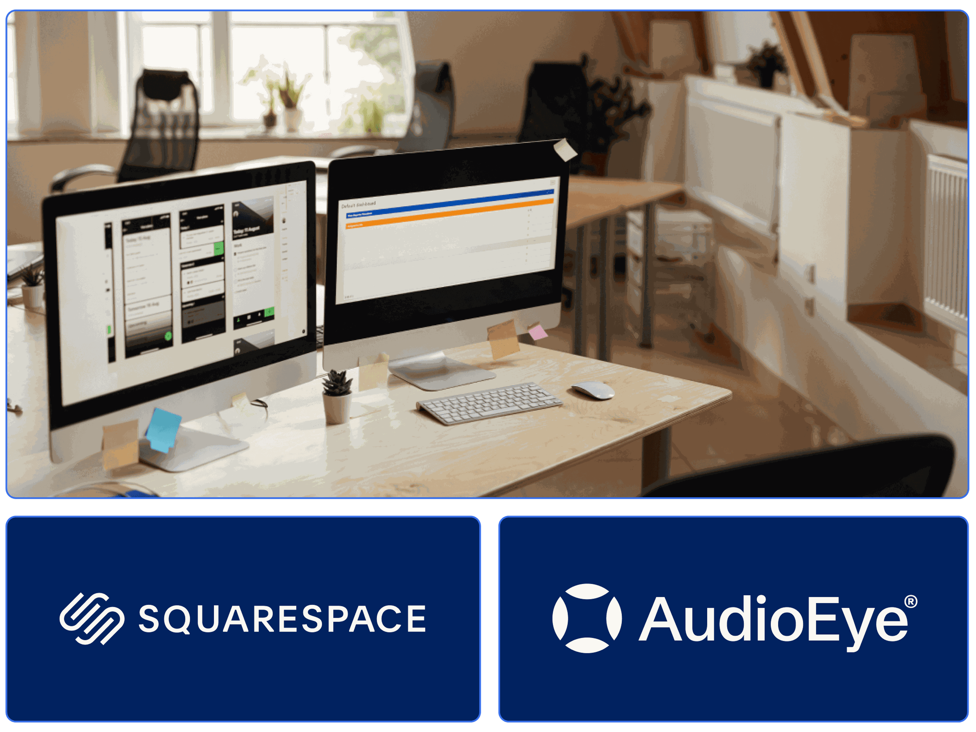 La scrivania di un web designer mentre costruisce un sito accessibile con Squarespace e AudioEye.
