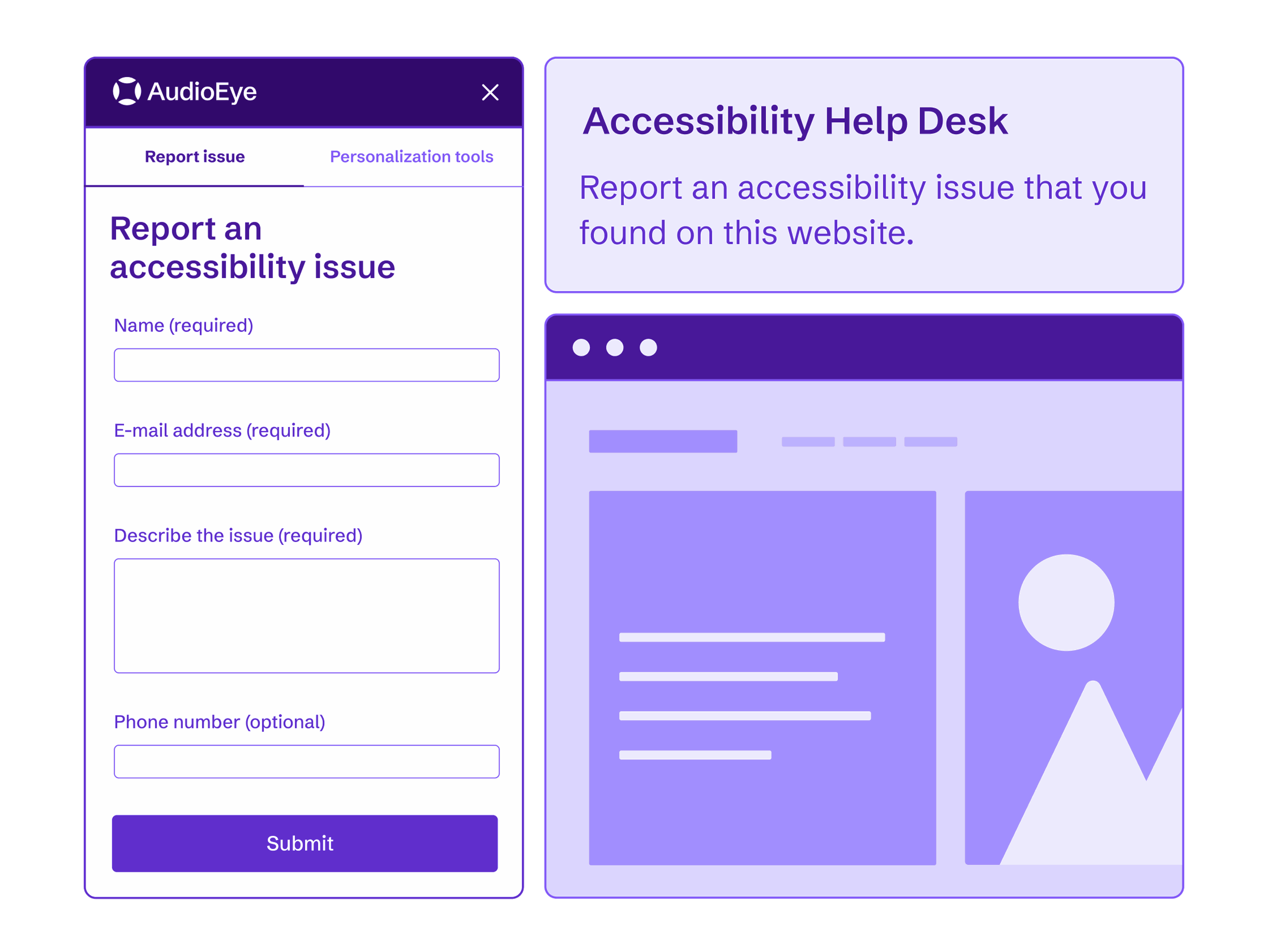 AudioEyes Accessibility Help Desk für Nutzer, um ein auf einer Website gefundenes Barrierefreiheitsproblem zu melden.
