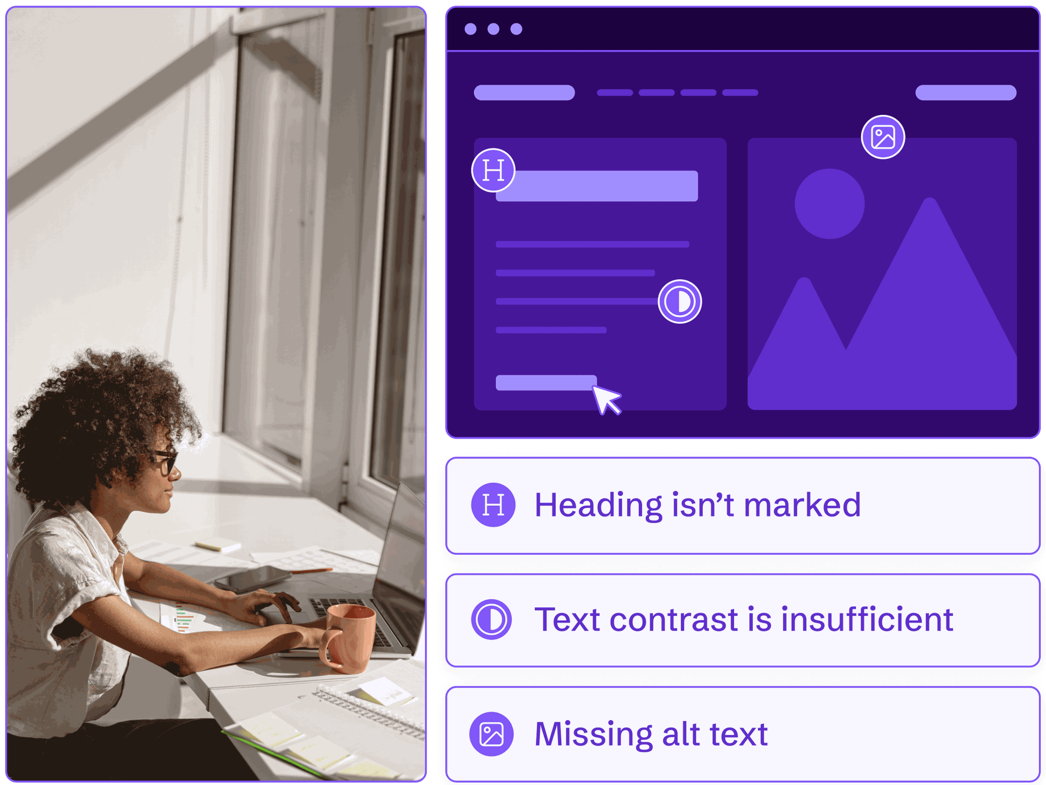 A female accessibility expert writing custom fixes for a website that had issues with headings, contrast, and alt text.
