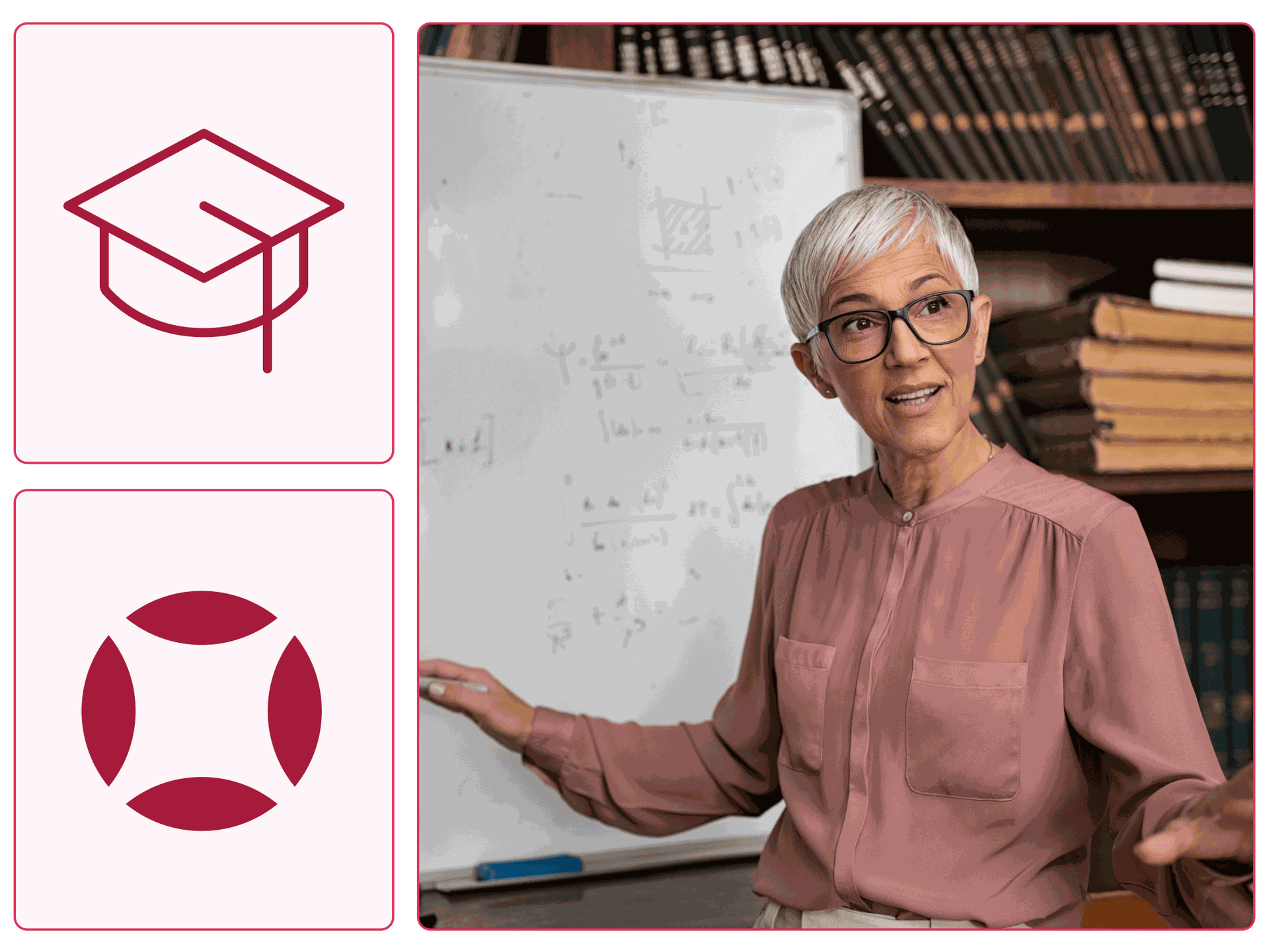 A woman educator in front of a whiteboard with various math problems written on it.