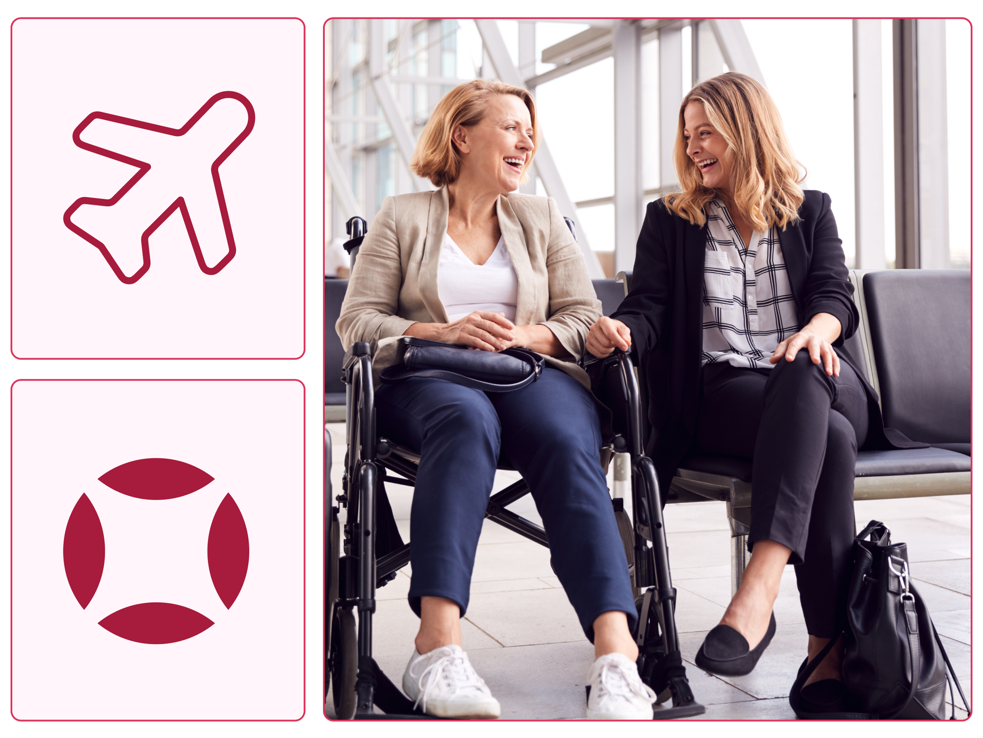 Two women sitting at a gate in an airport. One woman is in a wheelchair.