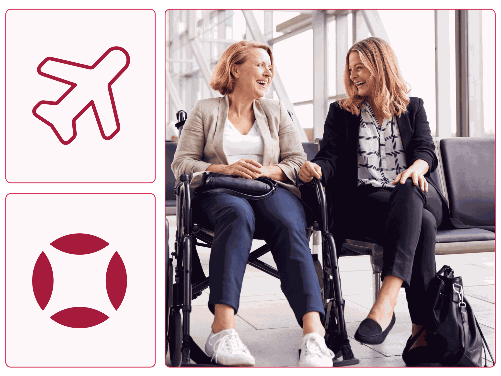 Two women sitting at a gate in an airport. One woman is in a wheelchair.