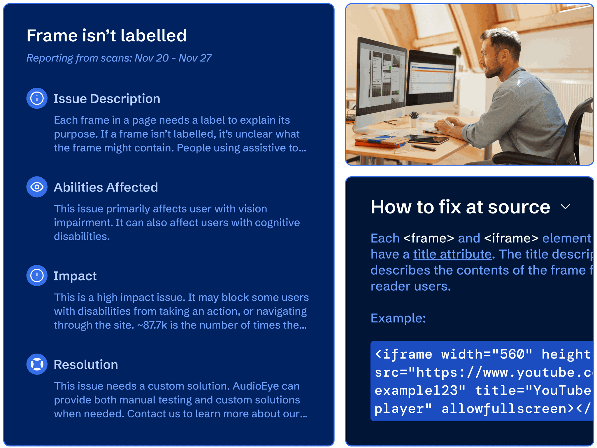 A website owner reviewing the details of an accessibility issue and instructions on how to fix the issue at the source.