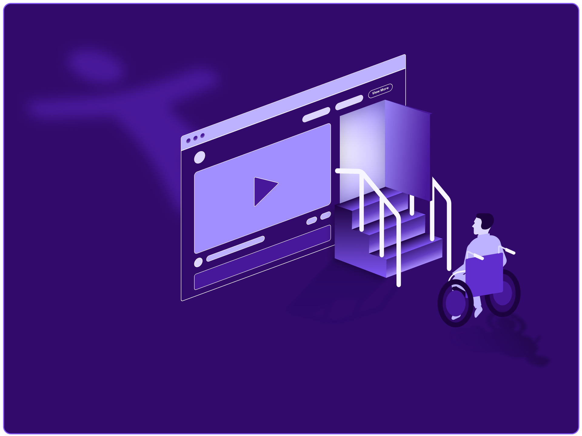 A web browser with steps leading up to an open door. At the base of the stairs is a person in a wheelchair unable to enter.