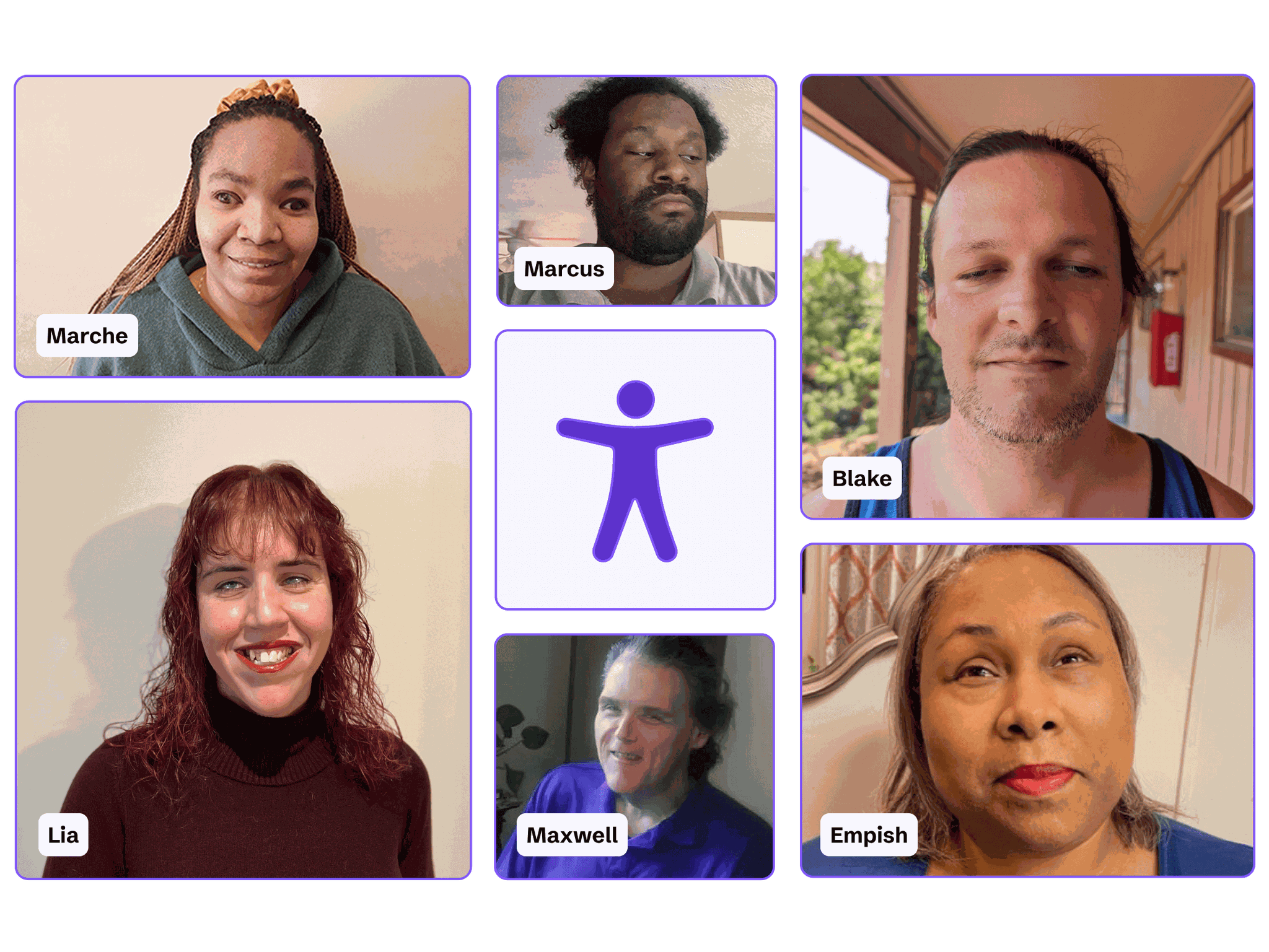 A11iance team members with visual impairments. Their names are Marche, Lia, Marcus, Maxwell, Blake, and Empish.