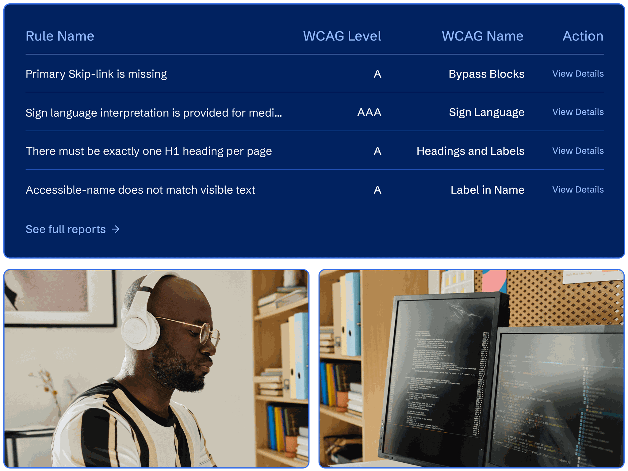 A  developer writing custom fixes and a call-out of the report of accessibility issues they are addressing.