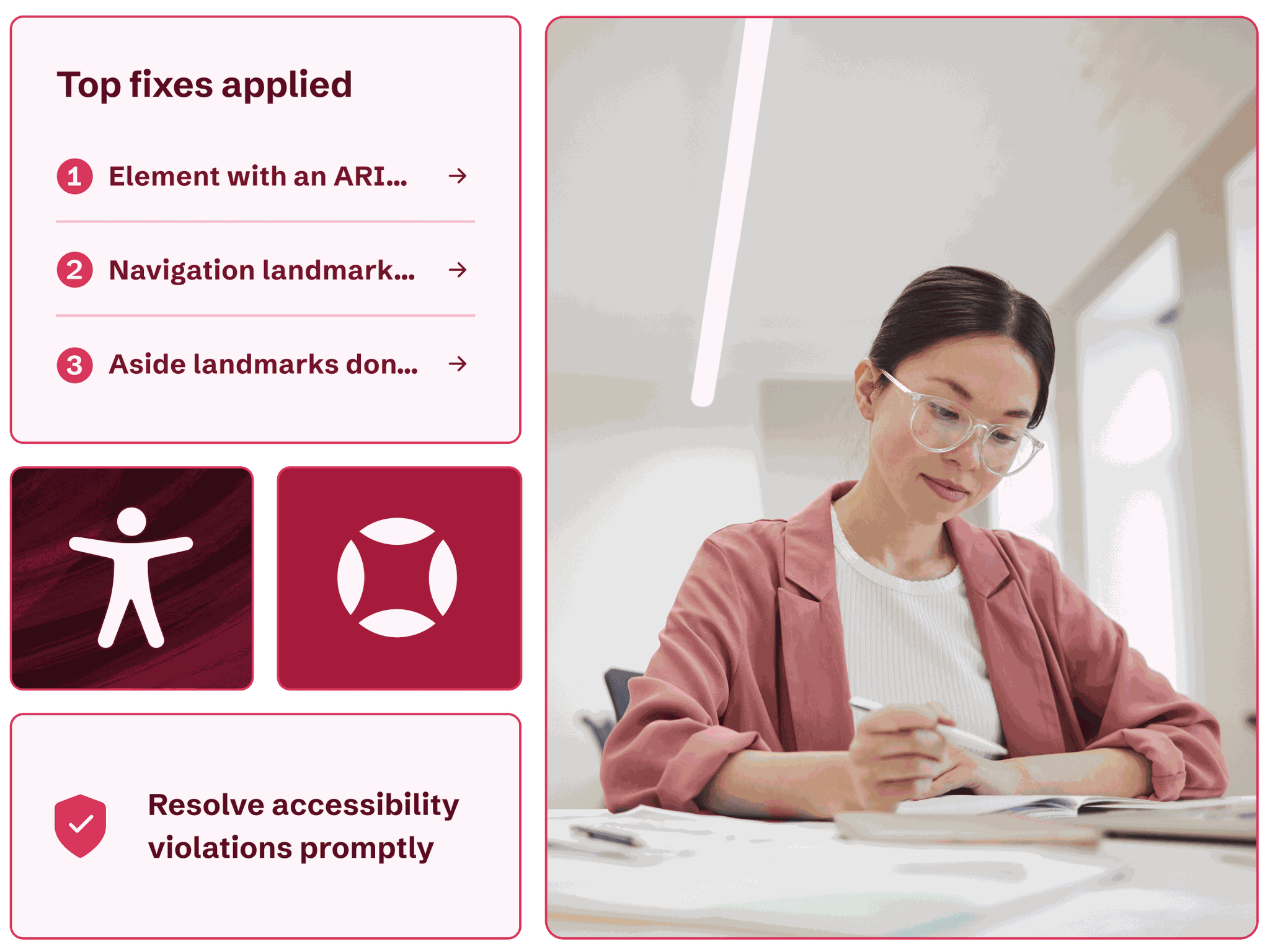 A female expert resolves accessibility violations promptly for a customer website.