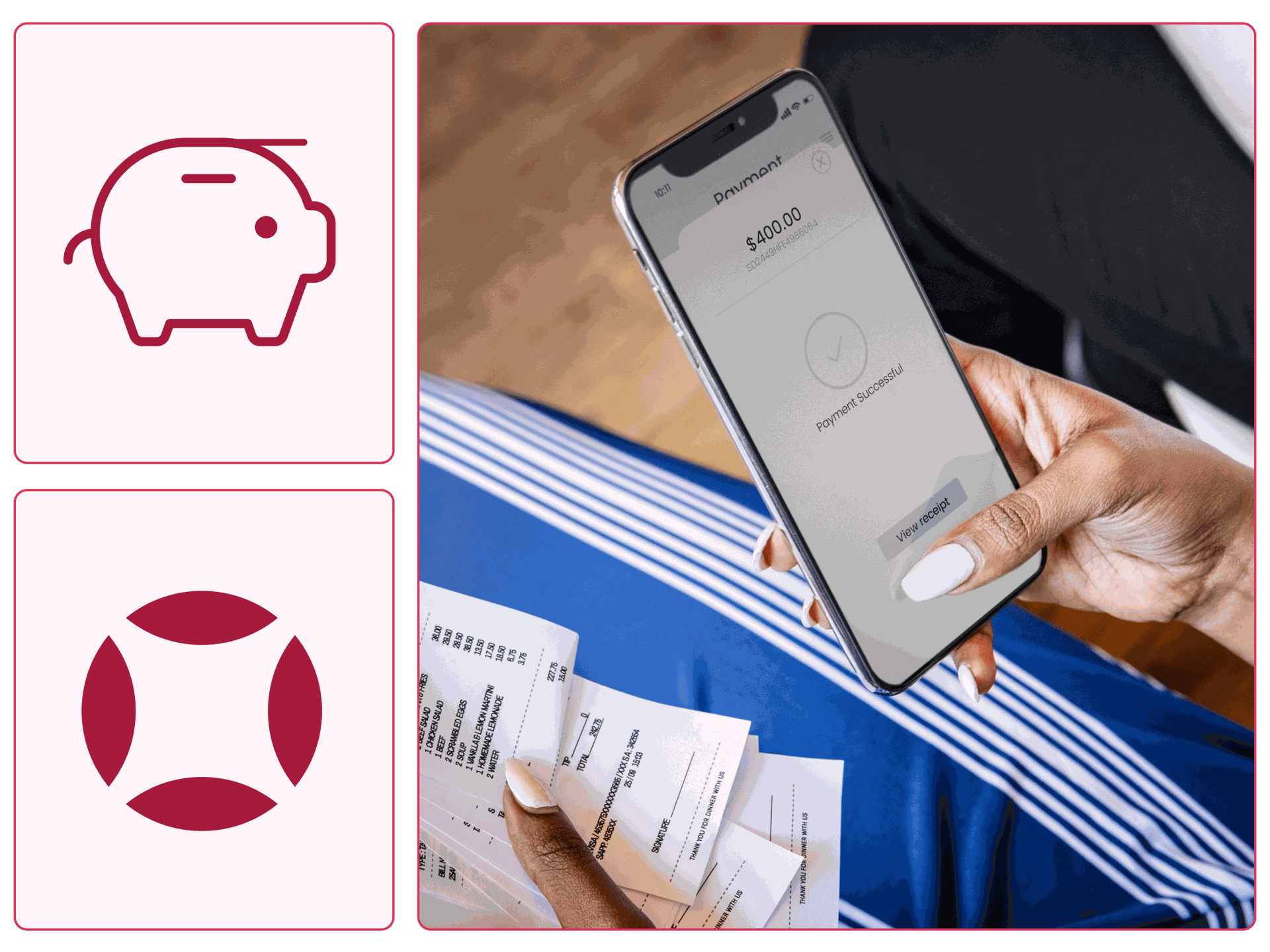 A woman holding receipts in one hand and making an online payment with her other hand.