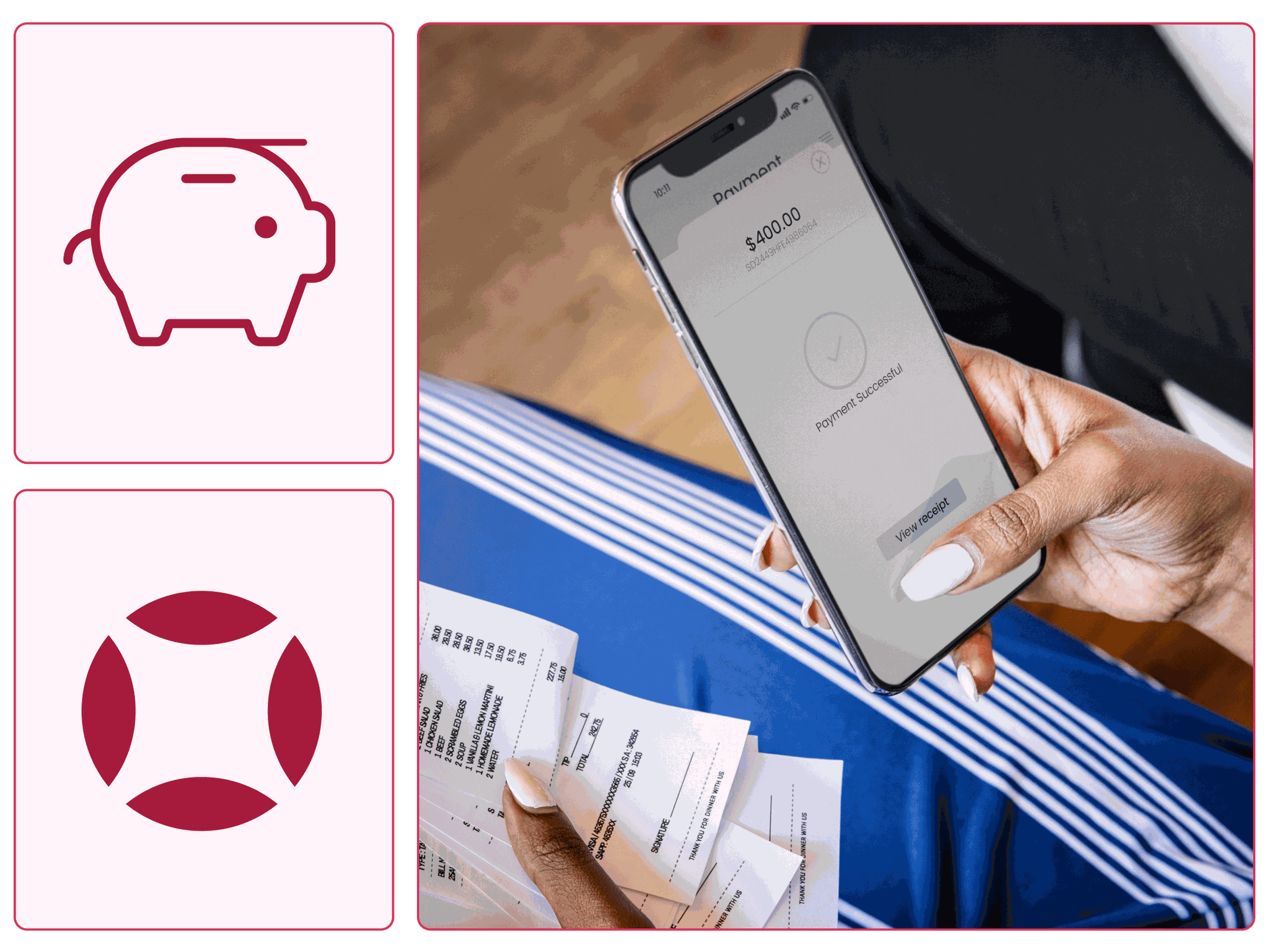 A woman holding receipts in one hand and making an online payment with her other hand.