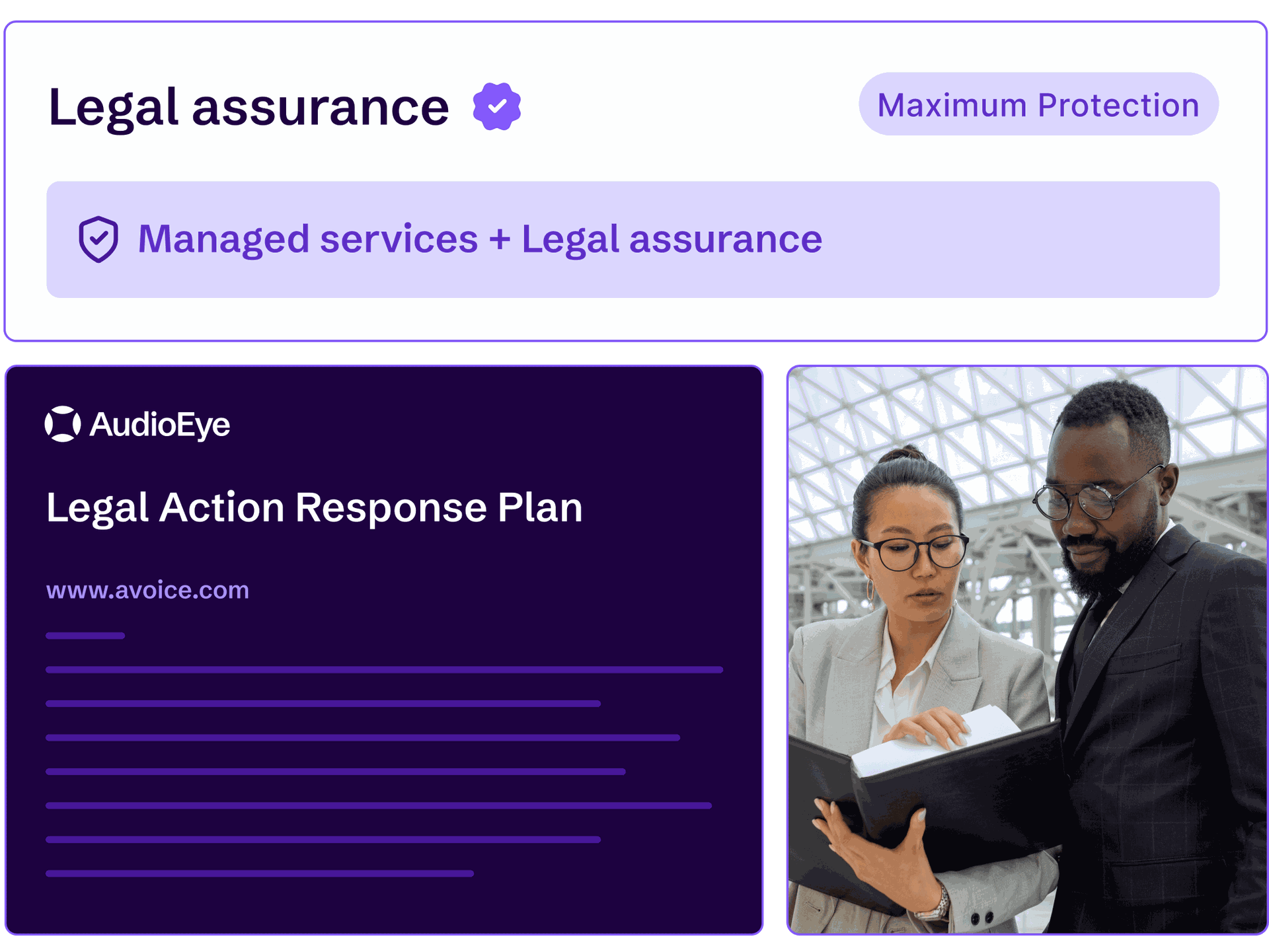 Collage of maximum protection with AudioEye's Legal Assurance and Legal Action Response Plan with two lawyers.