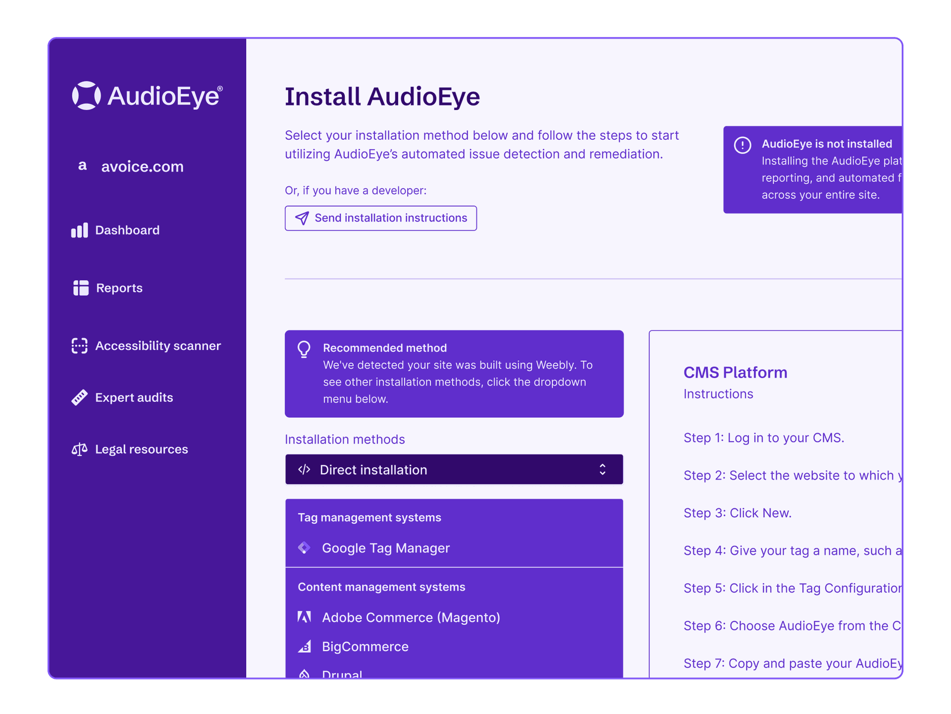AudioEye’s platform showing how to install AudioEye onto your website with any content management system.