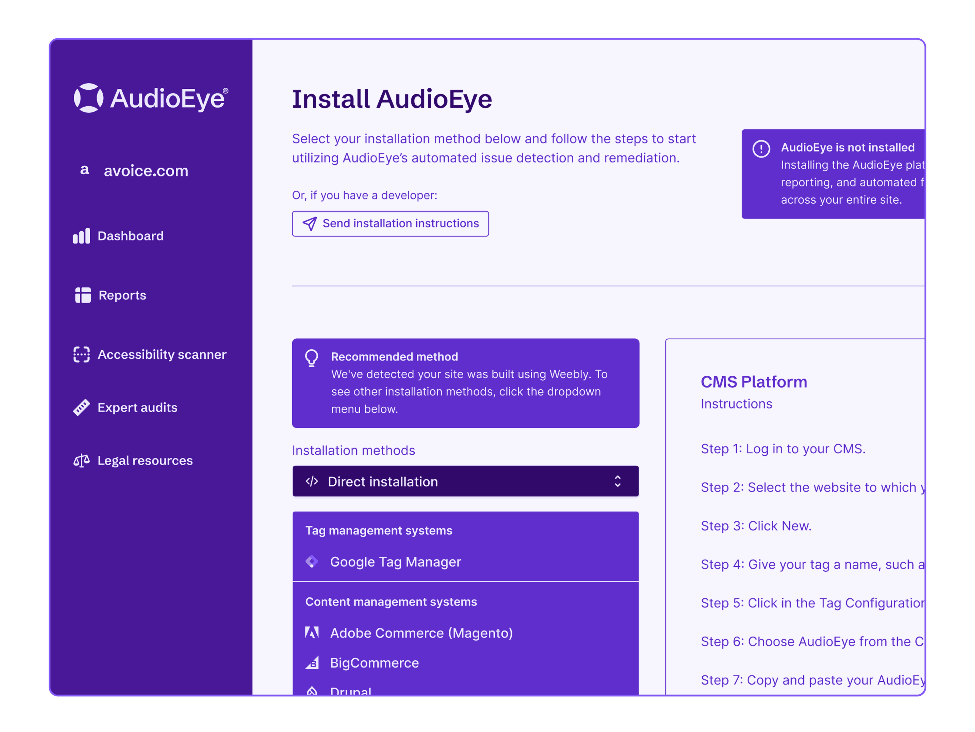 La piattaforma AudioEye che mostra come installare AudioEye sul tuo sito con qualsiasi sistema di gestione dei contenuti.