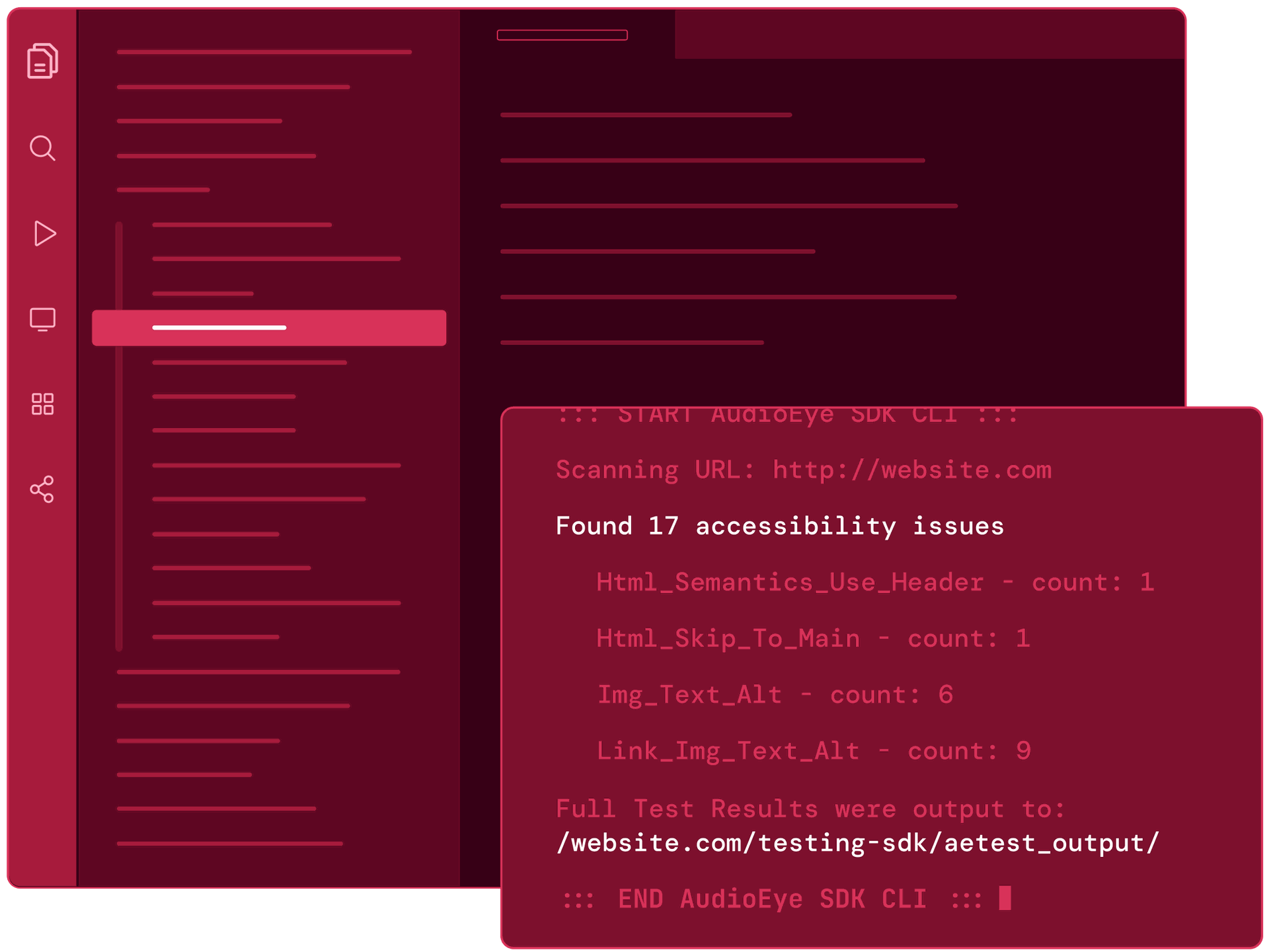 AudioEye’s SDK CLI testing a website for accessibility issues at the code level before deploying.