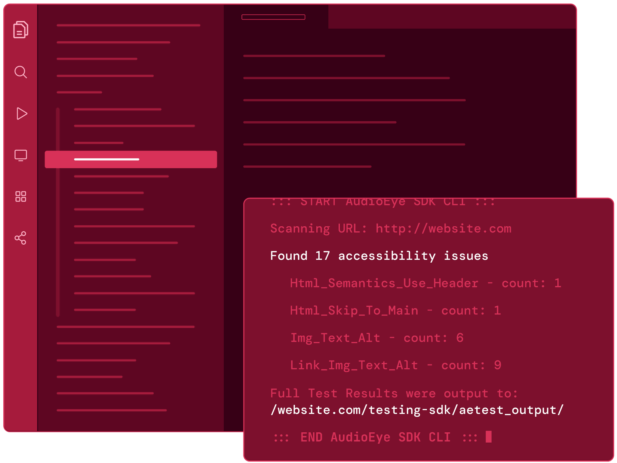 AudioEye’s SDK CLI testing a website for accessibility issues at the code level before deploying.