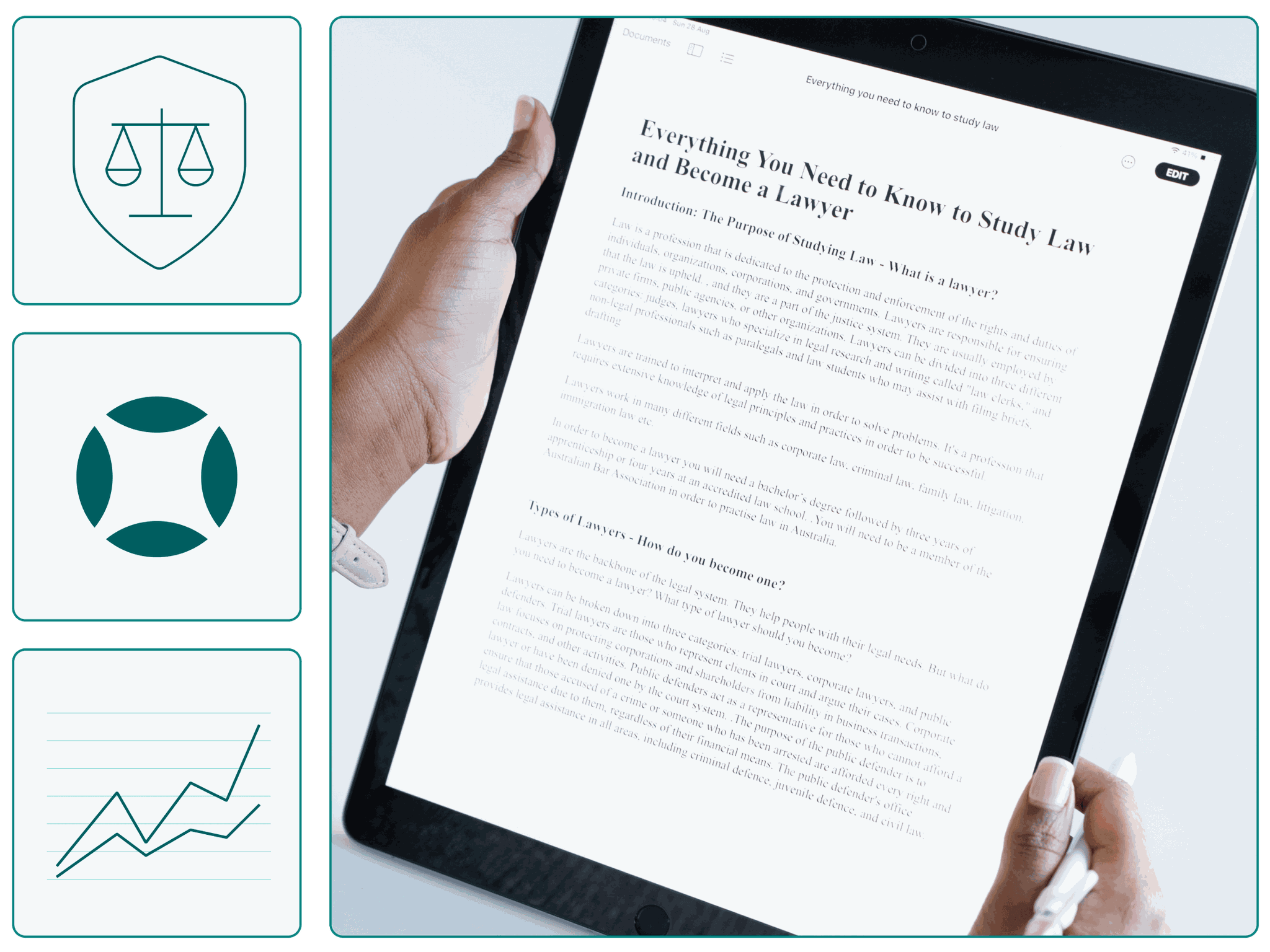 A PDF document with legal content on a tablet.