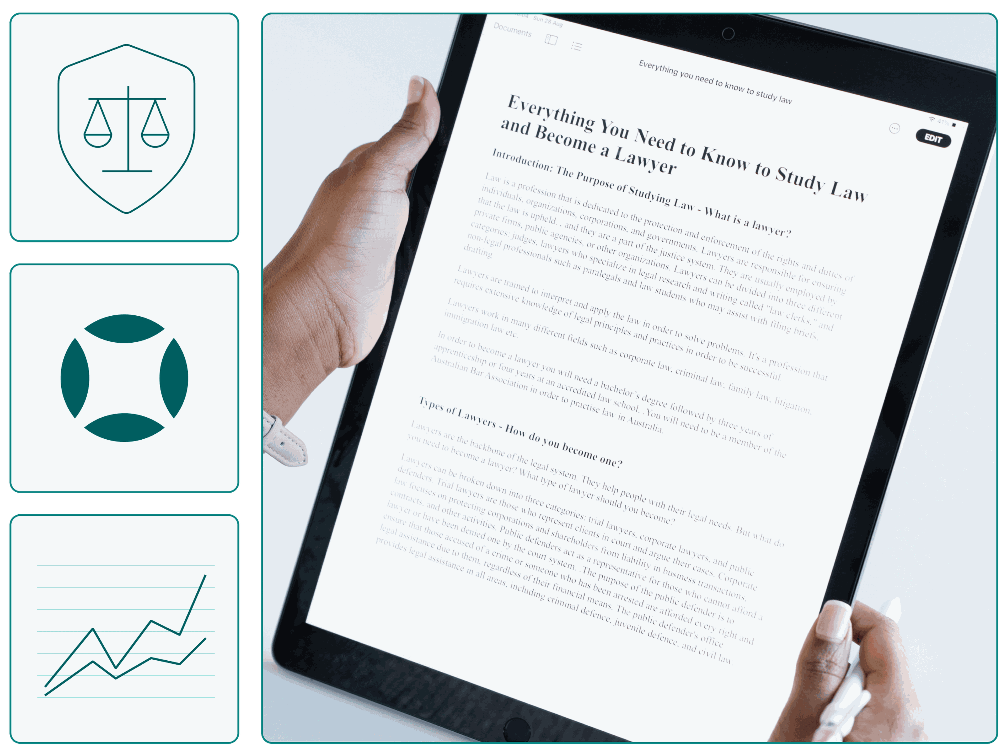 Ein PDF-Dokument mit rechtlichen Inhalten auf einem Tablet.