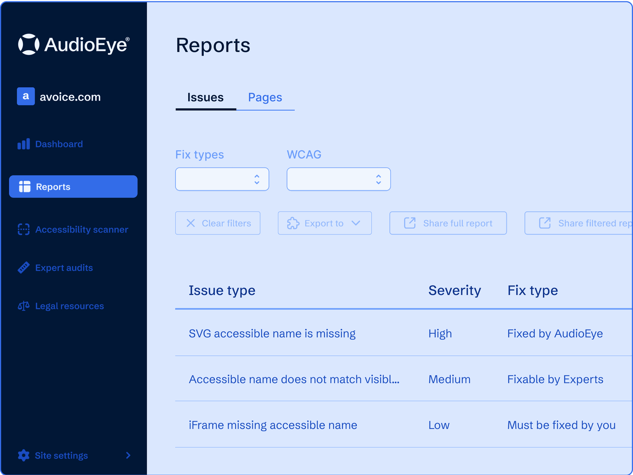 Detailed view of AudioEye Issue Reporting with robust filting and sorting capabilities.