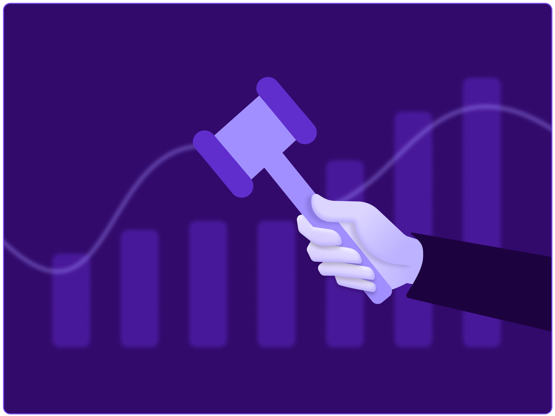 Generic data visualization of a bar chart and line graph with a hand holding a gavel in front.