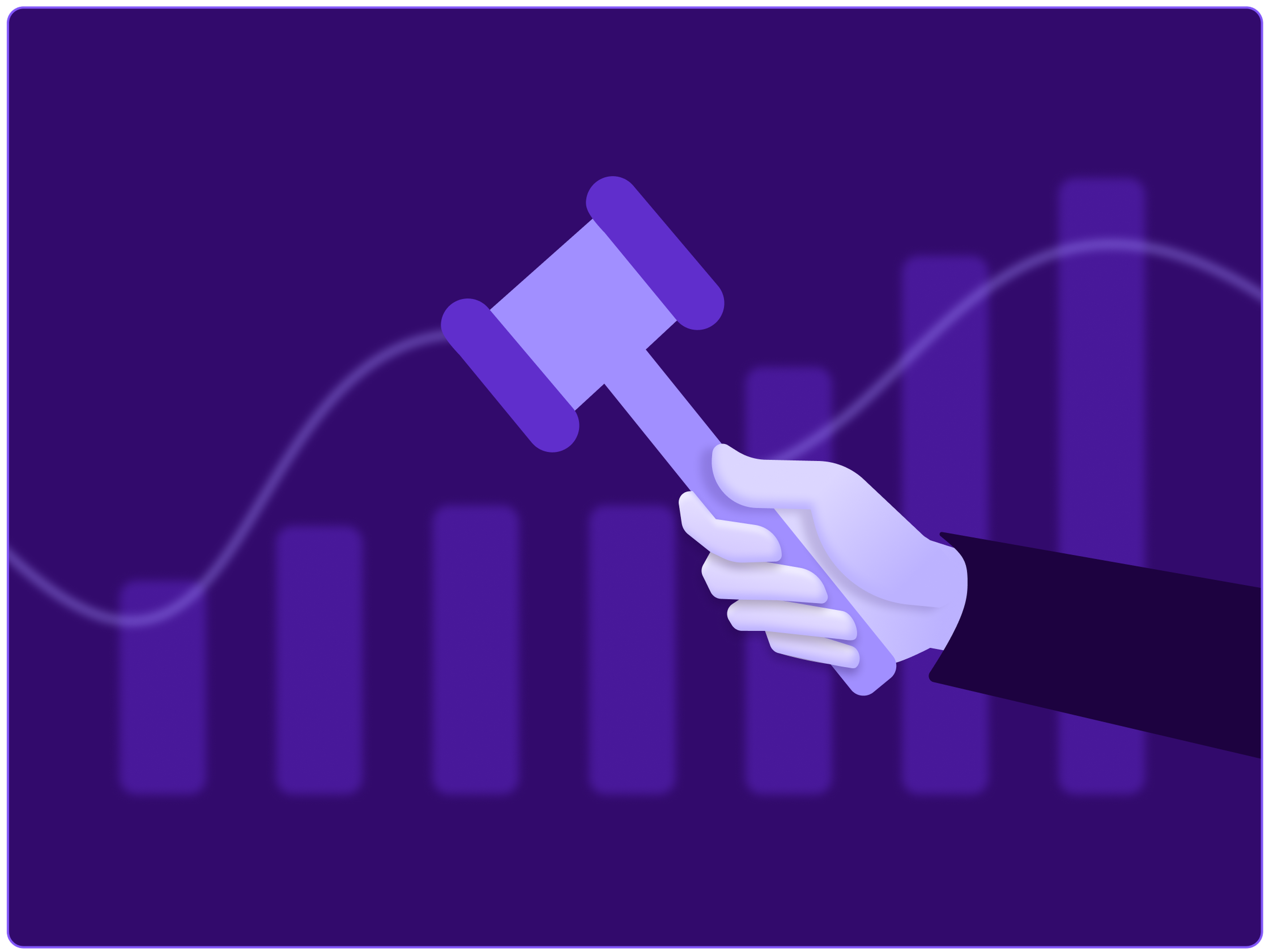 Generic data visualization of a bar chart and line graph with a hand holding a gavel in front.