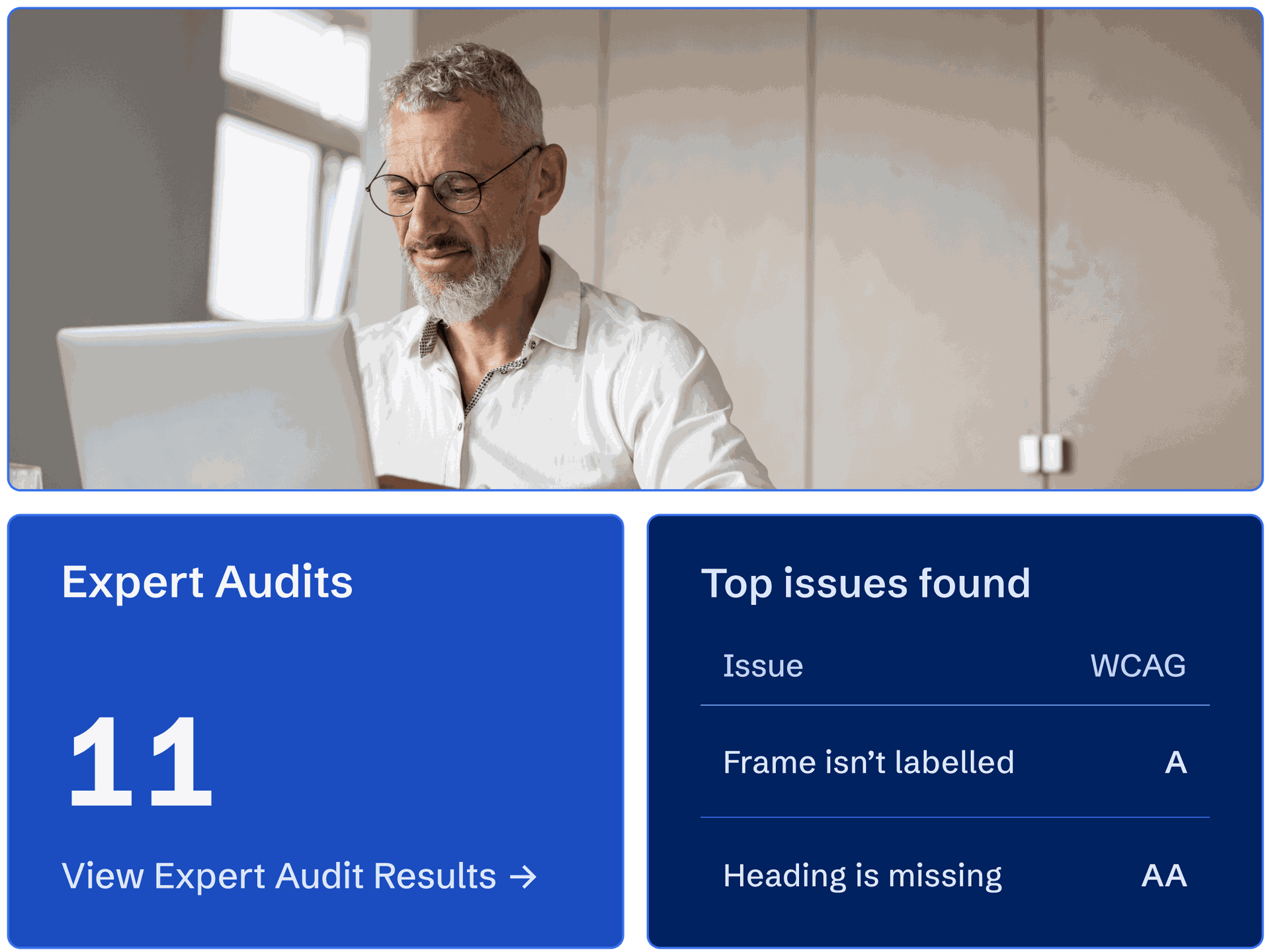 A male accessibility expert performing an audit on a website and a call-out of accessibility issues found.