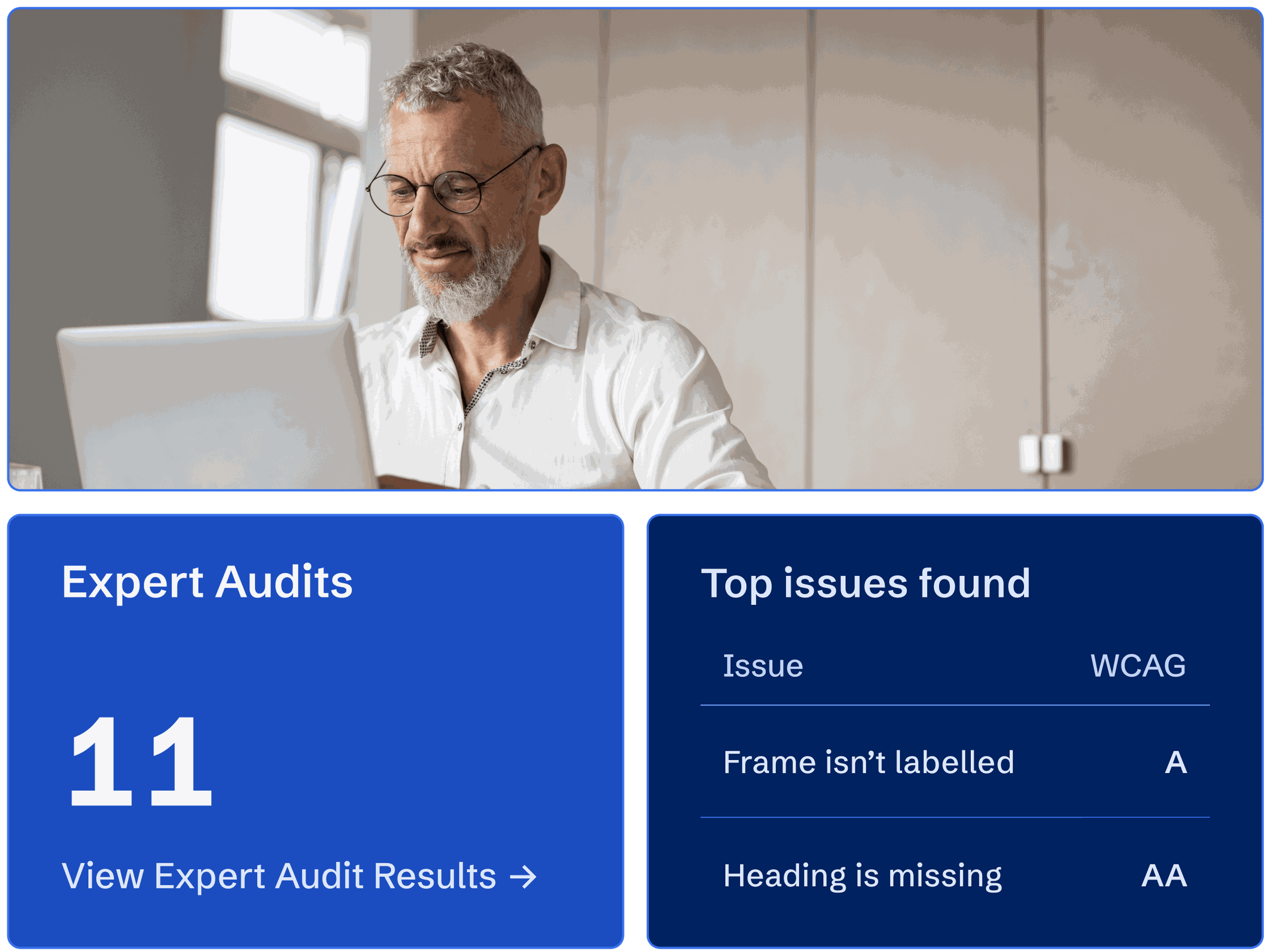 A male accessibility expert performing an audit on a website and a call-out of accessibility issues found.