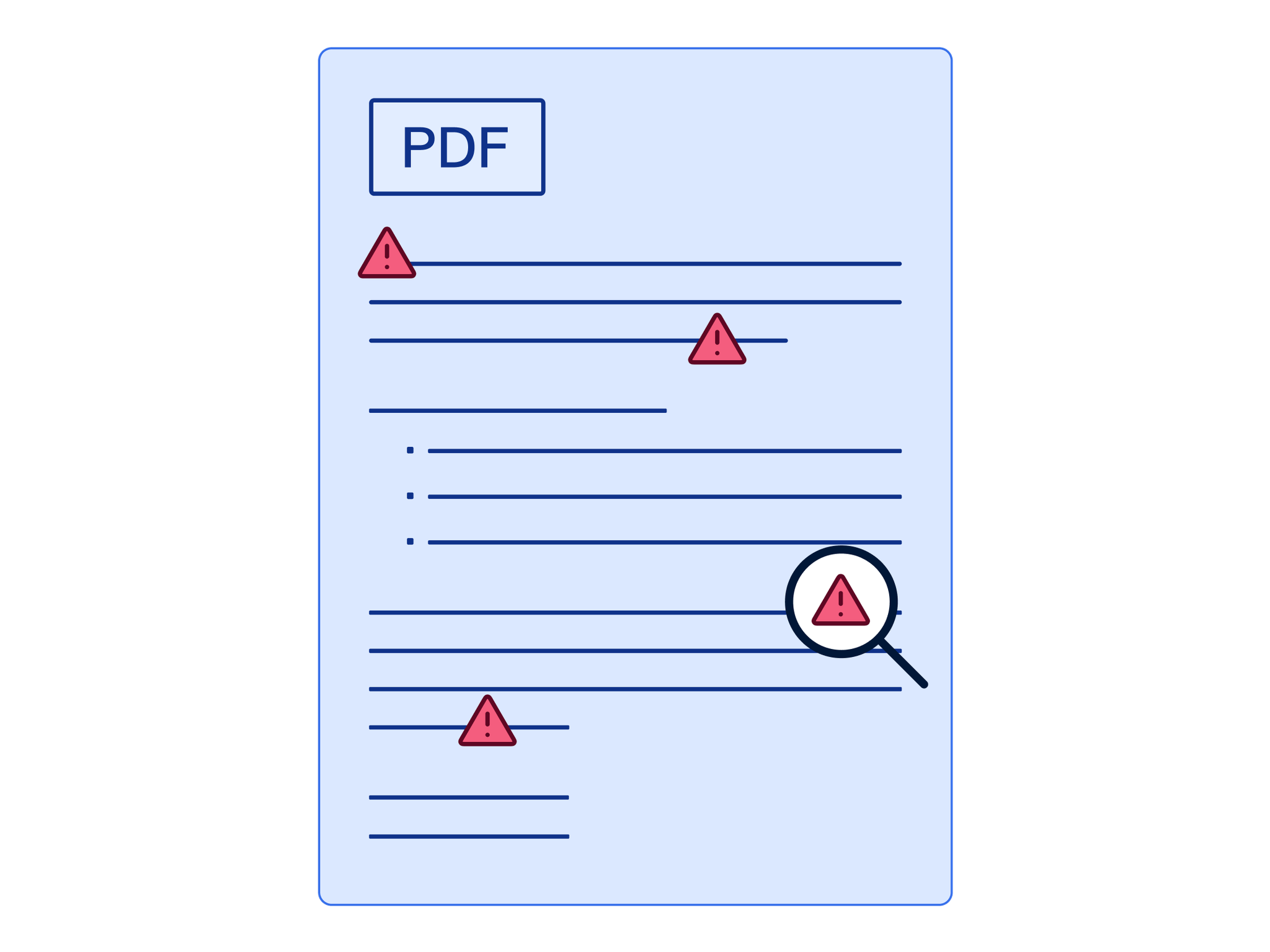 Illustrated PDF document with accessibility errors throughout.