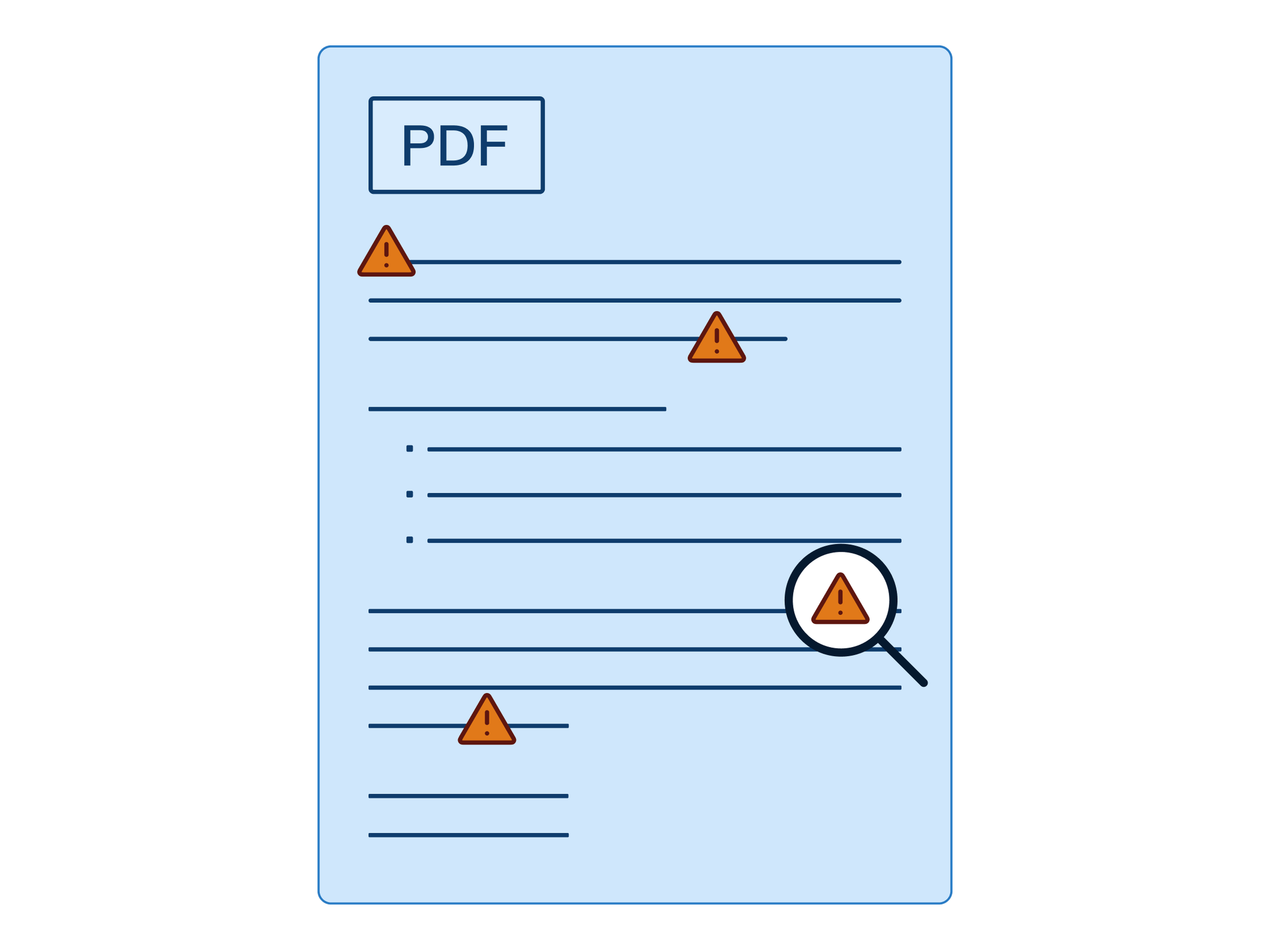 Illustrated PDF document with accessibility errors throughout.