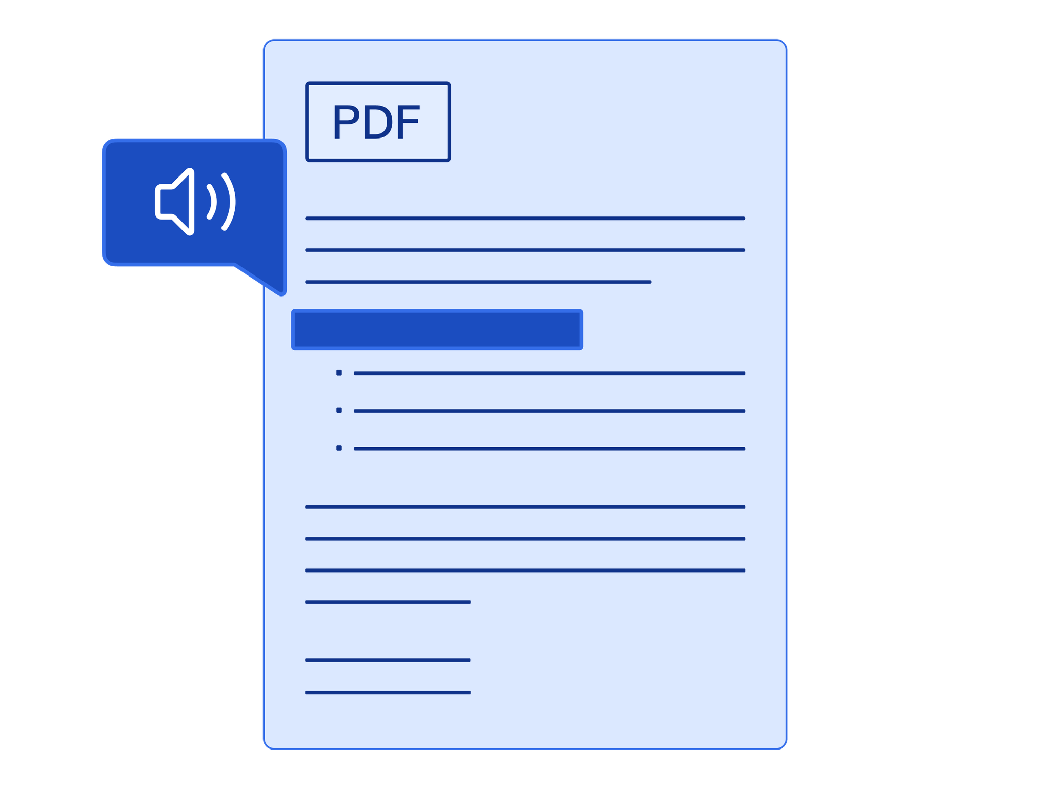 Illustrated PDF document with a heading highlighted with a speaker icon representing a screen reader.