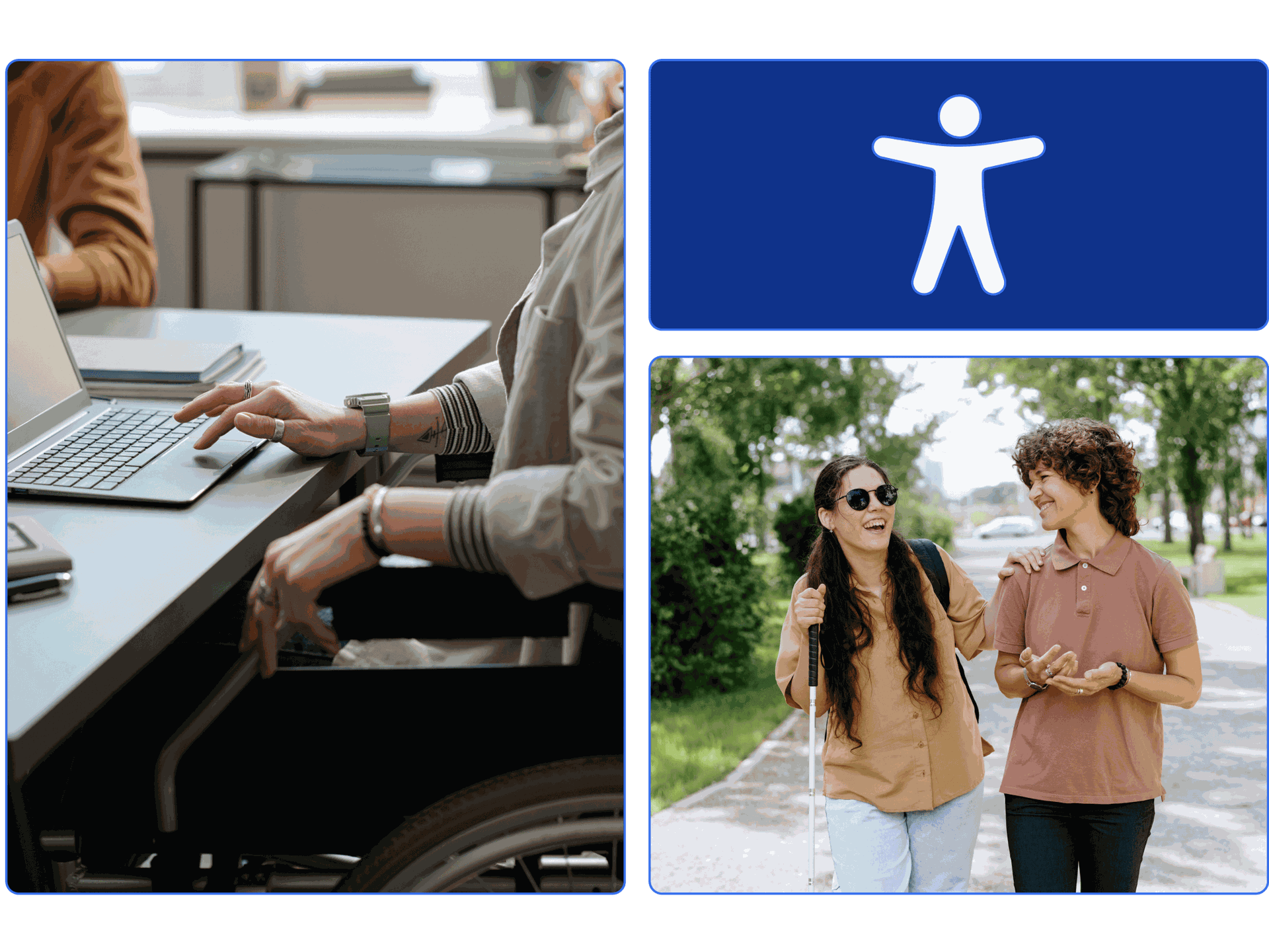 A collage of students with disabilities. One person is in a wheelchair, another is blind using a cane and a friend’s shoulder for guidance.
