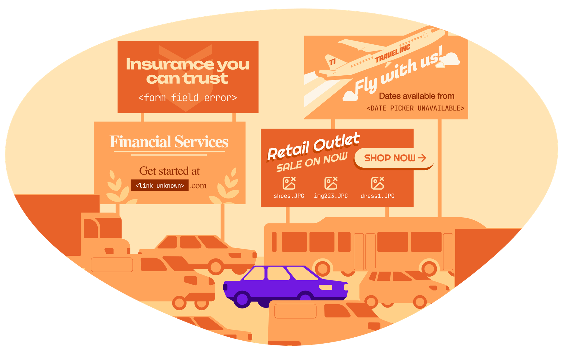 Traffic jam on a highway with billboards in the background featuring industries such as retail and financial services.