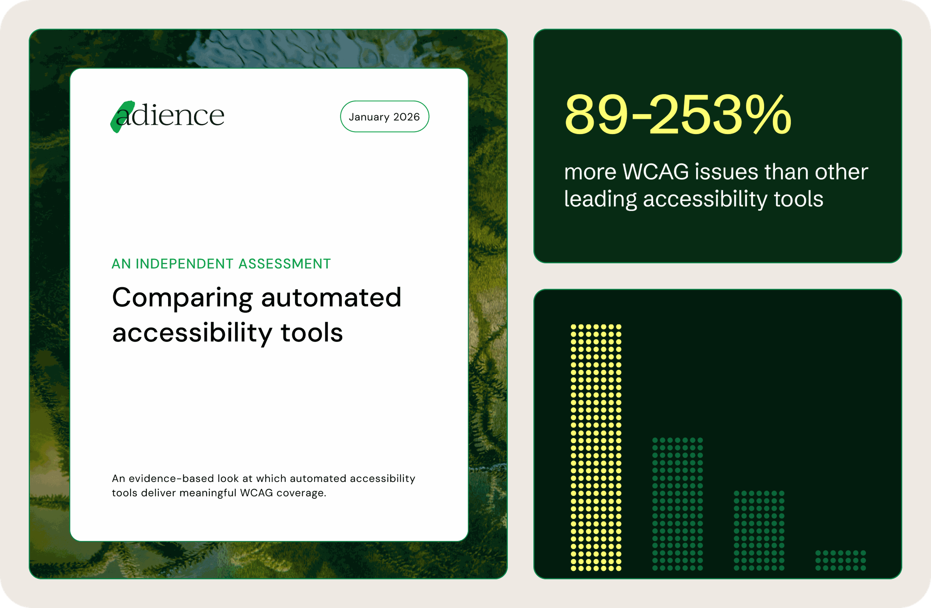 Adience research report "Comparing automated accessibility tools" over green pond backdrop