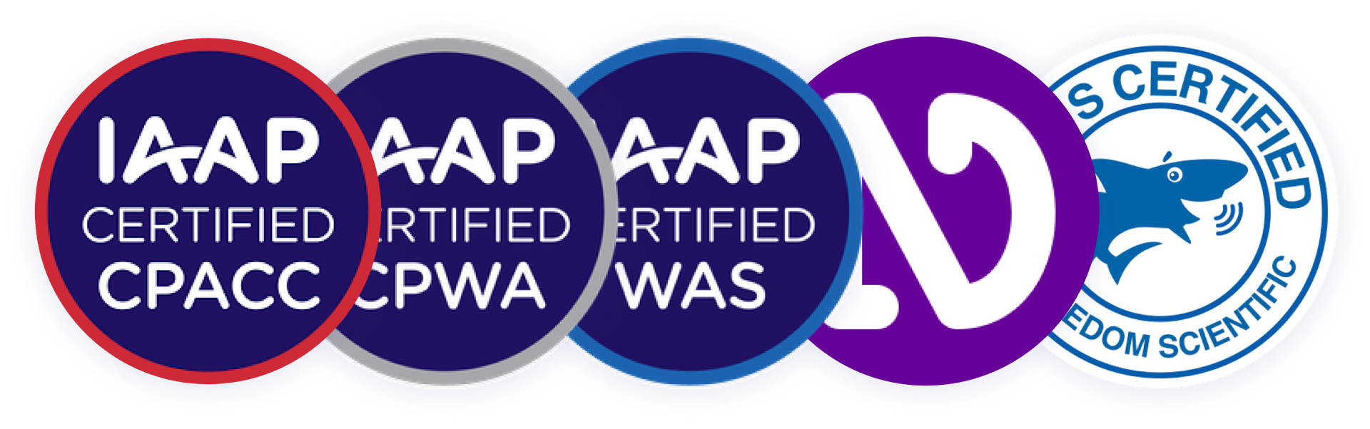 Certification badges for IAAP’s CPACC, CPWA, and WAS, NVDA, and JAWS.