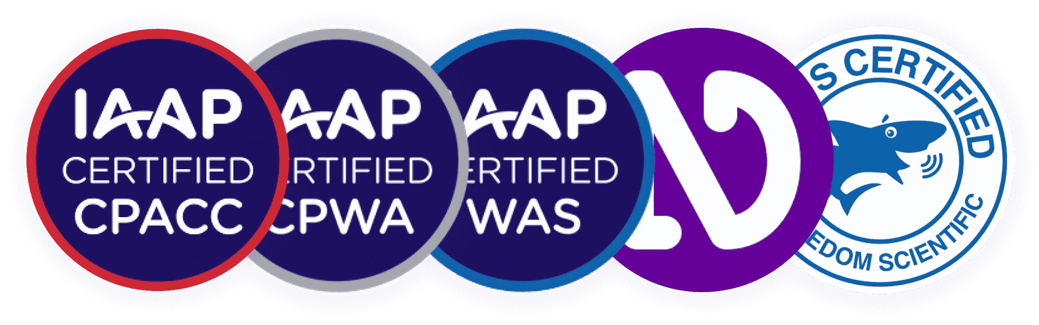 Certification badges for IAAP’s CPACC, CPWA, and WAS, NVDA, and JAWS.