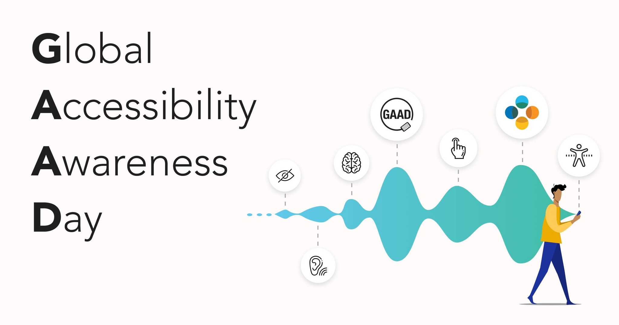 A cartoon of someone looking at their phone, next to a label that reads Global Accessibility Awareness Day.