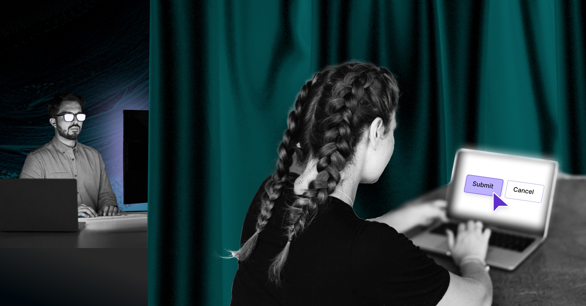 Woman performs user test with a "Wizard" behind a green curtain orchestrating the prototype effects