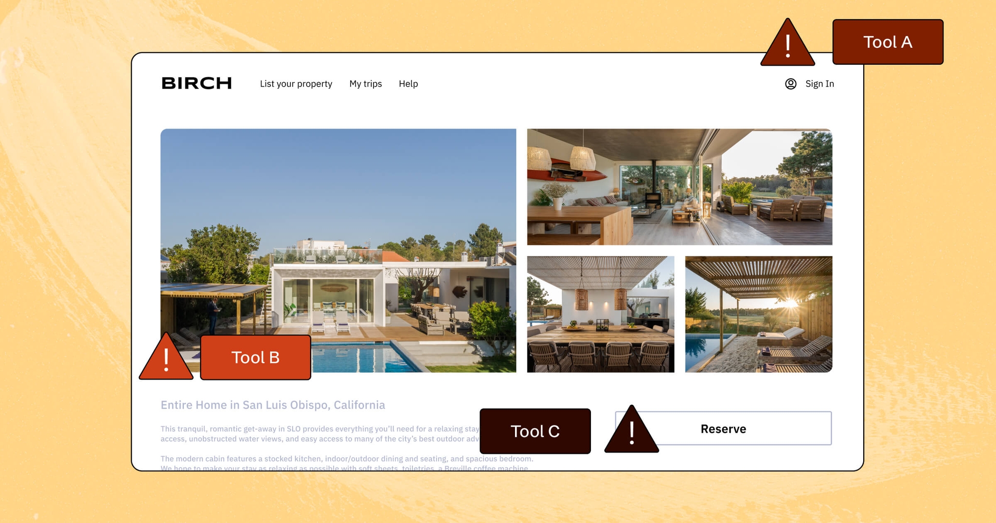 Webpage featuring a property listing with multiple images, reserve button, and branding. Error icons next to tools labeled Tool A, B, and C are scattered around the page..