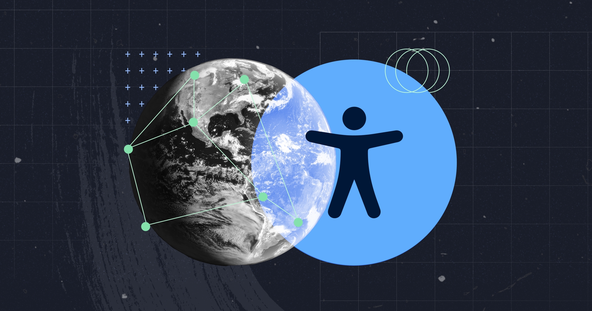 Stylized Earth with connected nodes next to a blue circle featuring an accessibility icon, set against a dark grid background.