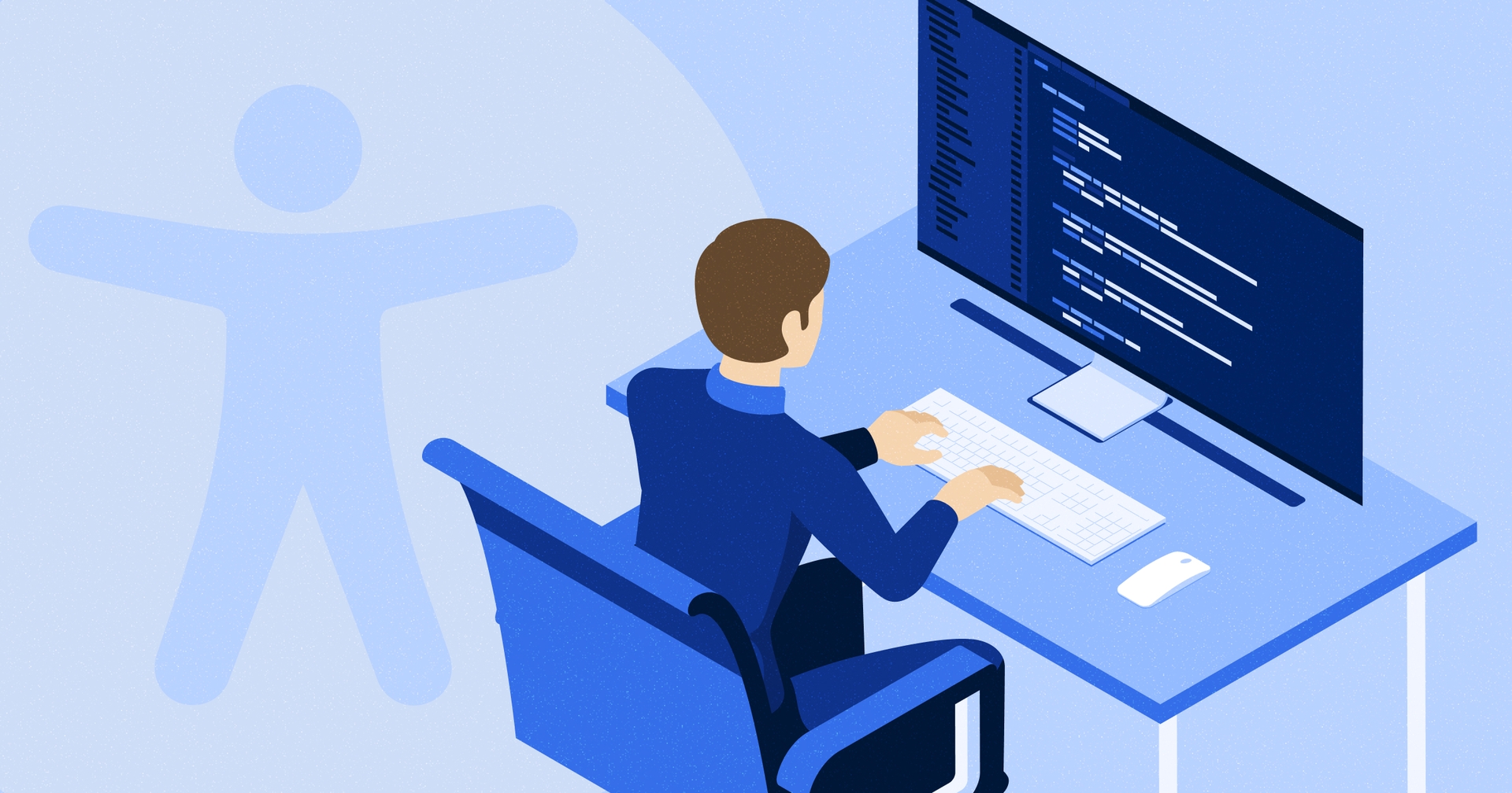 Illustration of a person typing code on a computer at a desk, with an accessibility symbol in the background, in warm orange tones.