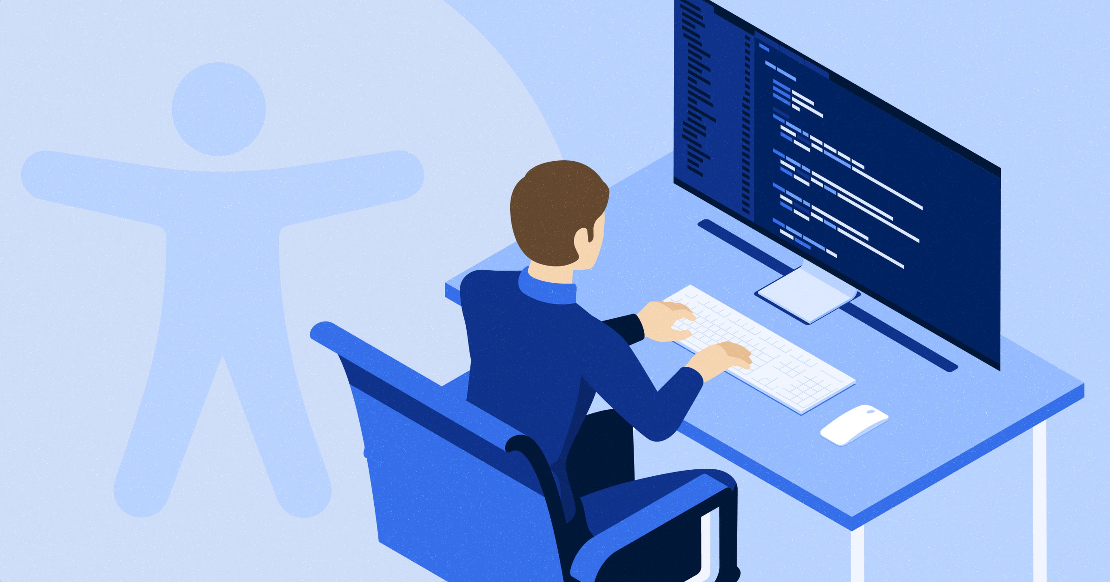 Illustration of a person typing code on a computer at a desk, with an accessibility symbol in the background, in warm orange tones.