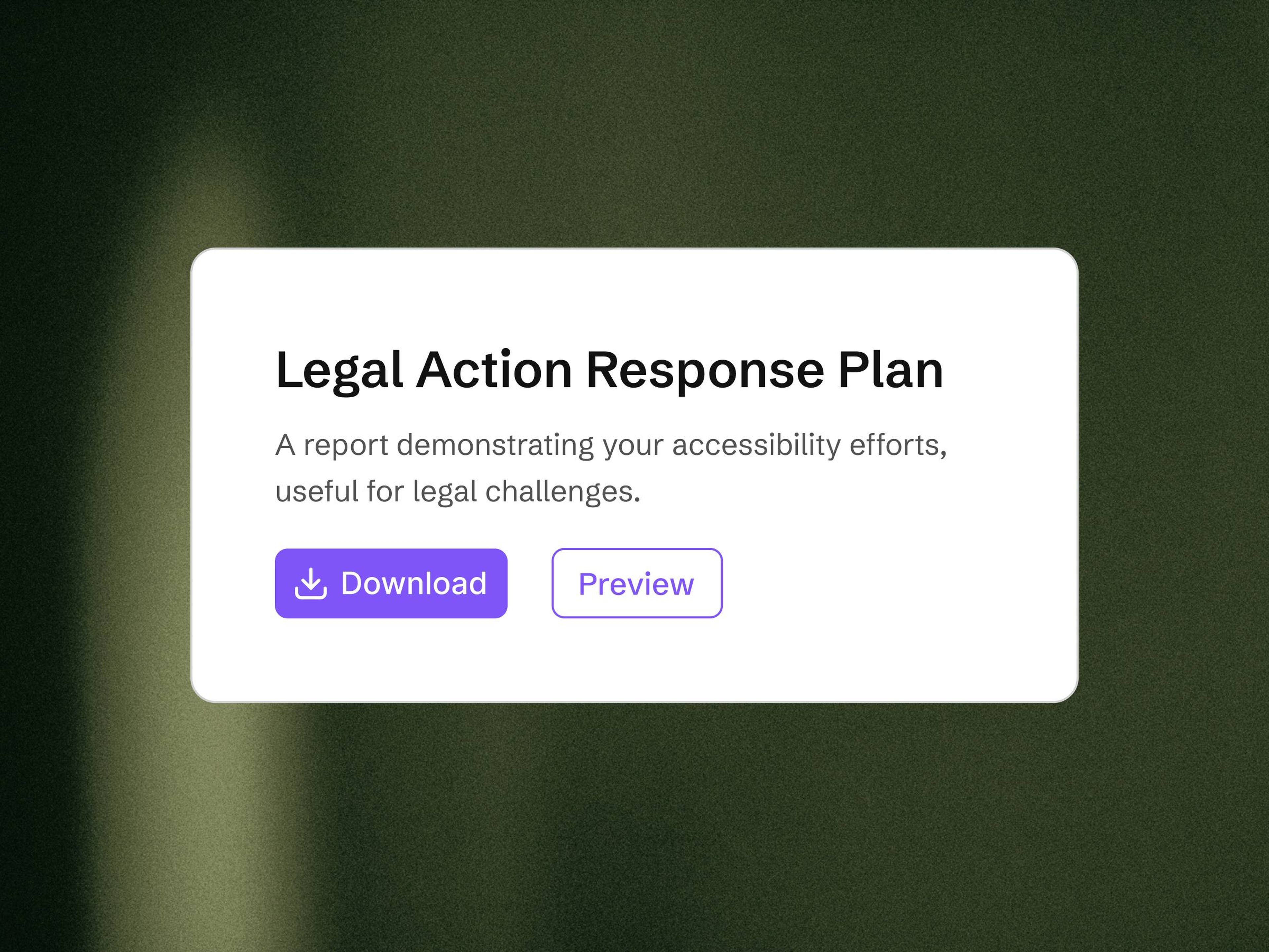 Text box titled "Legal Action Response Plan" with options to "Download" or "Preview" on a dark background.