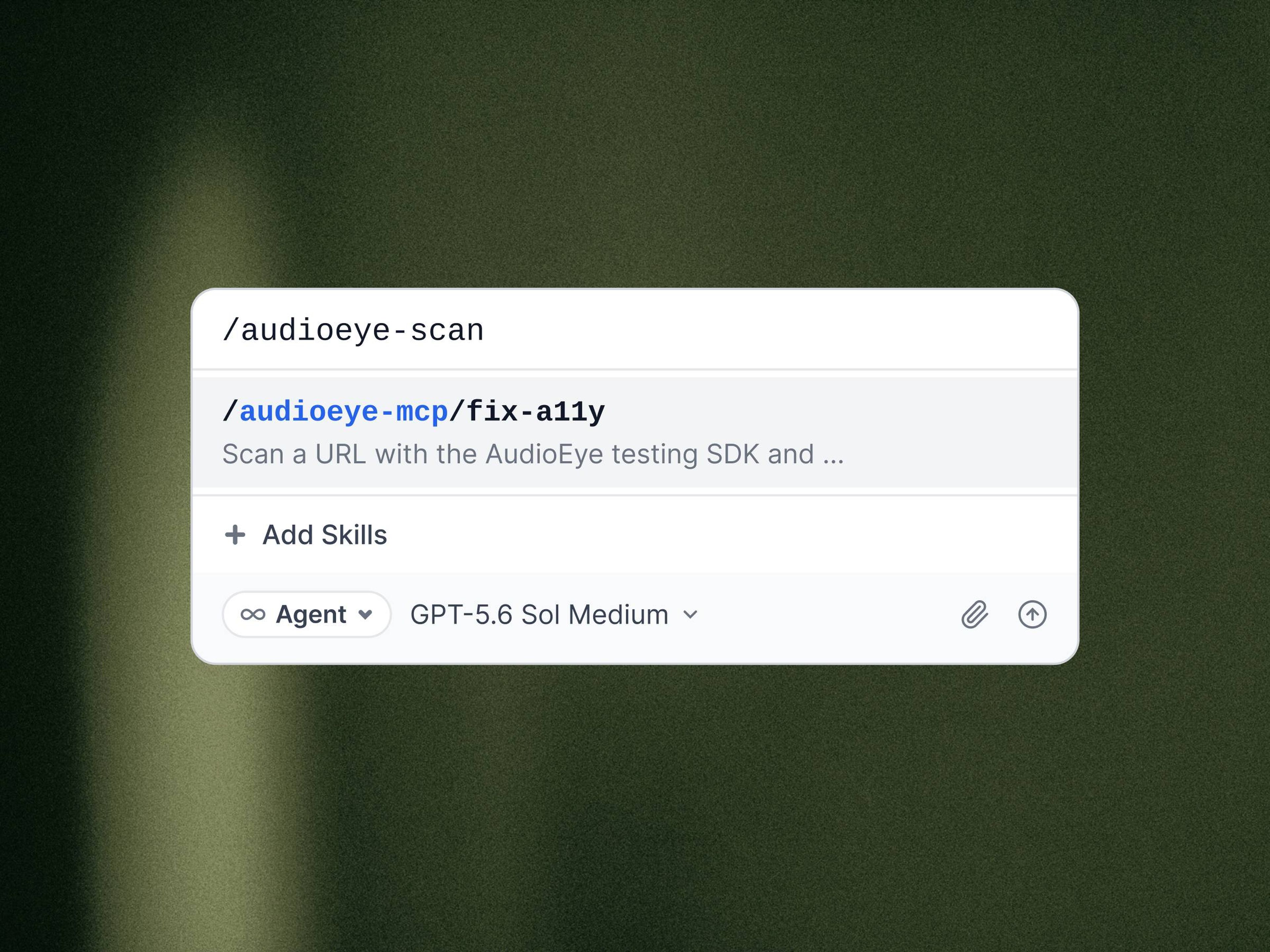 A search bar interface with text "/audioeye-scan" and "/audioeye-mcp/fix-a11y" showing an accessibility scanning tool.
