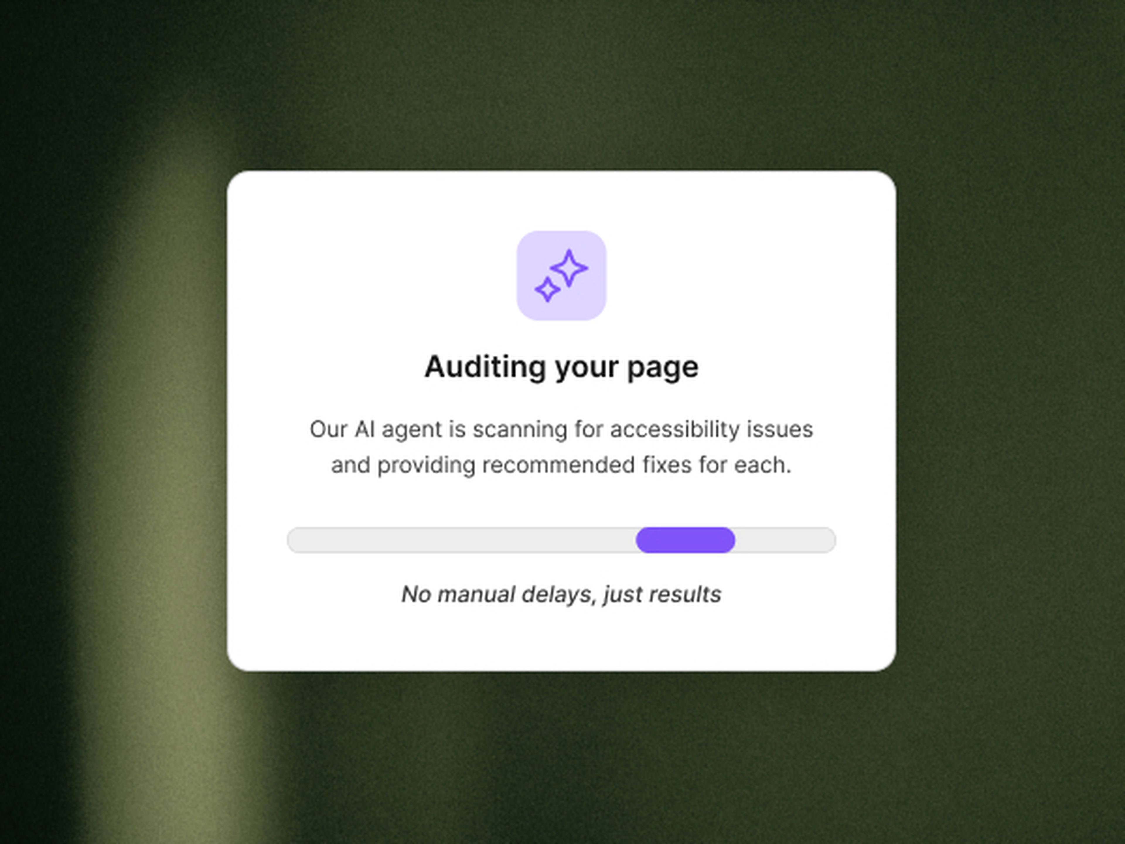 A dialog box with a wand icon shows "Auditing your page," describing an AI agent scanning for accessibility issues with a progress bar below.