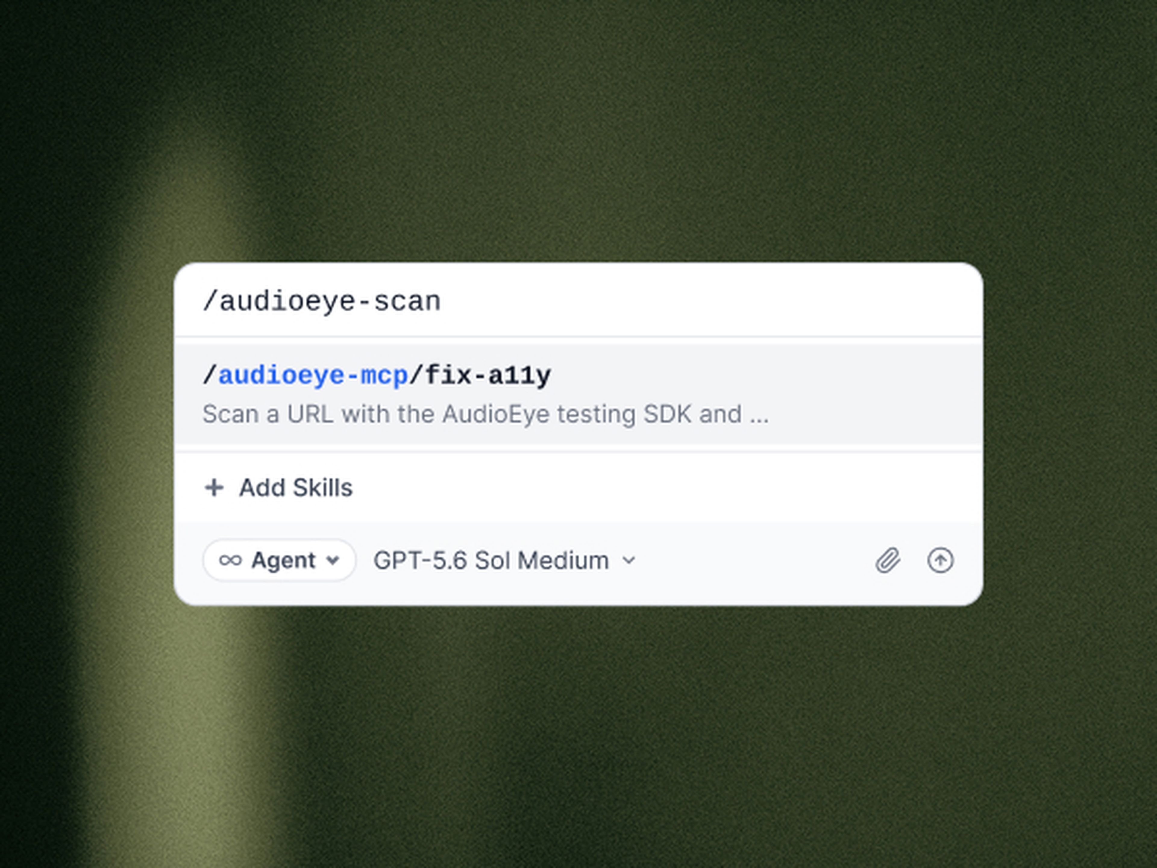 A screenshot of a code interface showing a command for an AudioEye scan and an option to add skills. Background looks like a muted watercolor.