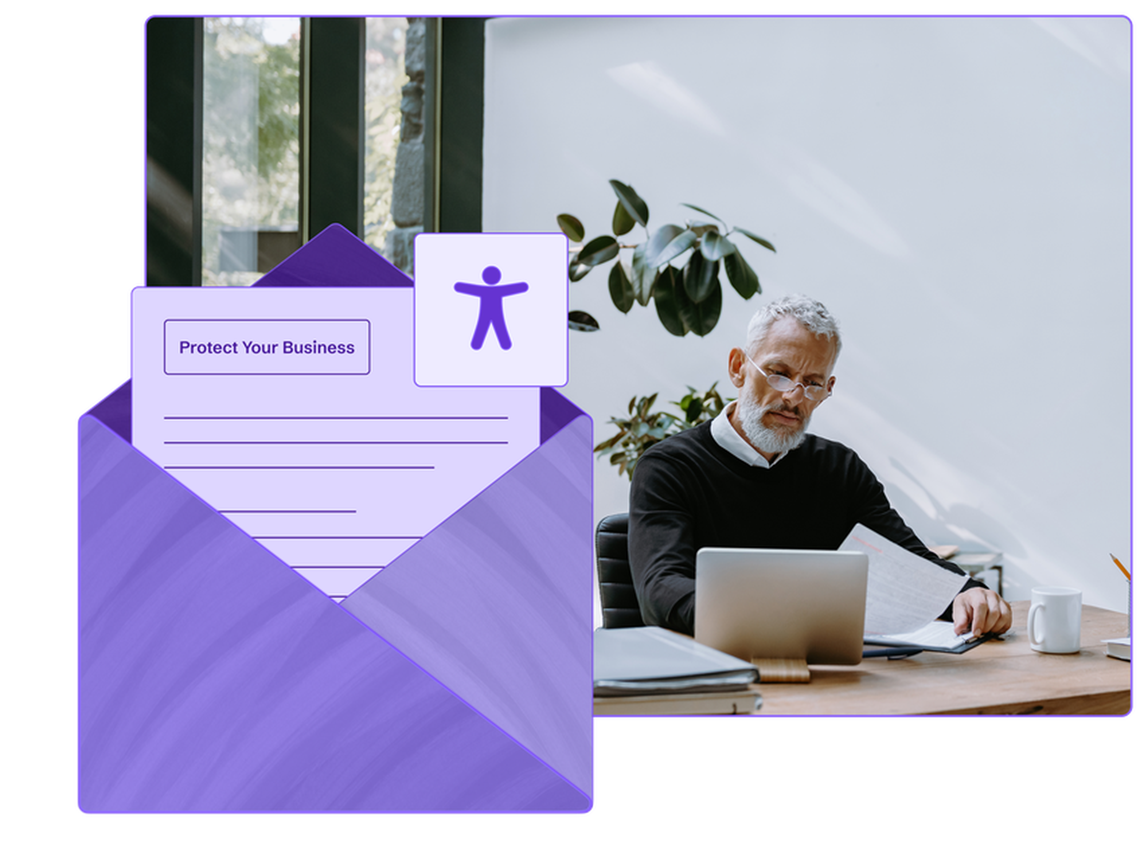 A man reviewing legal documents on his computer with a stylized envelope with a letter that reads, “Protect your business” and a digital accessibility symbol.