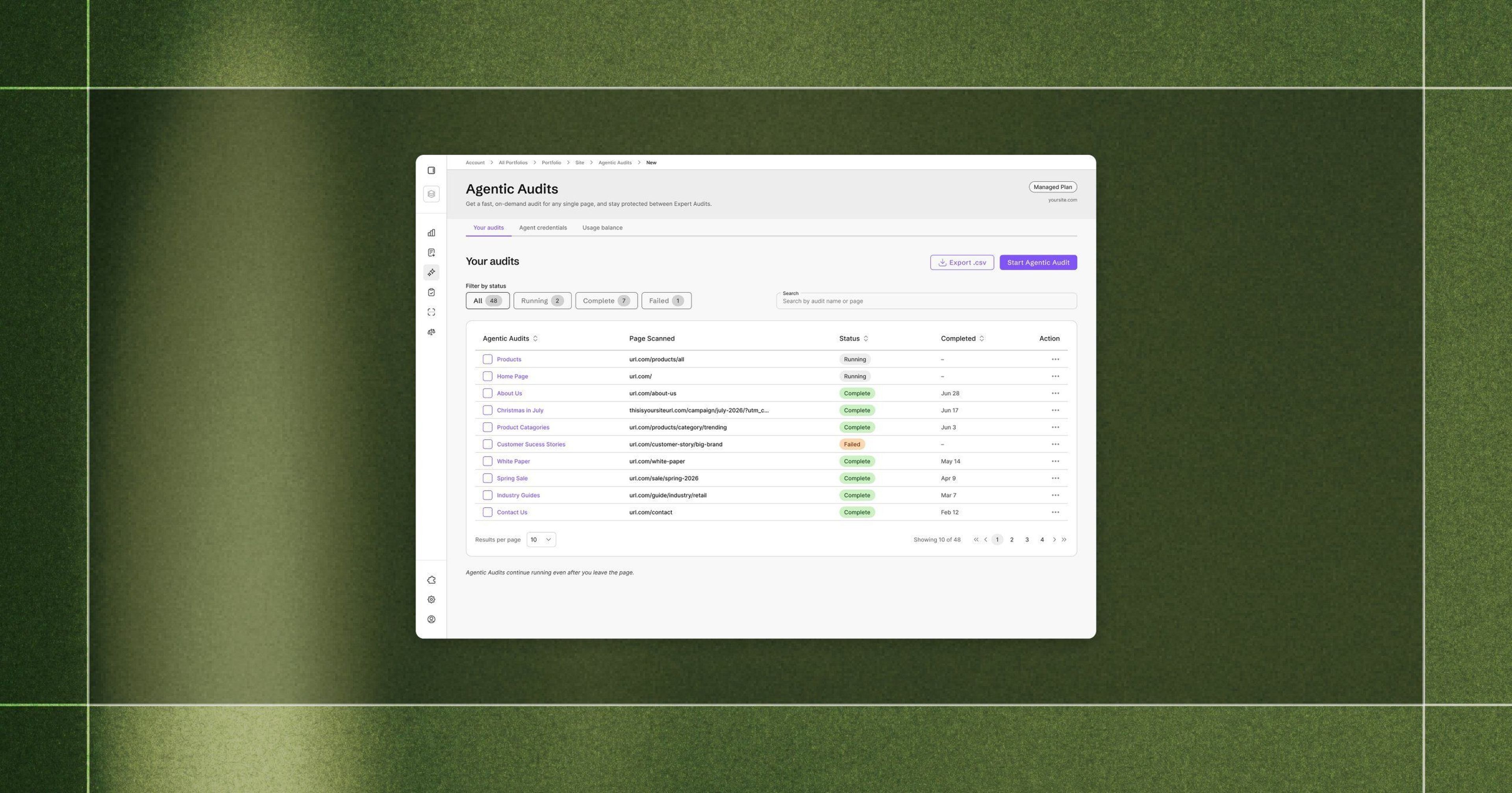Screenshot of a webpage titled "Agentic Audits" displaying a list of audits with statuses like Running, Complete, and Failed.
