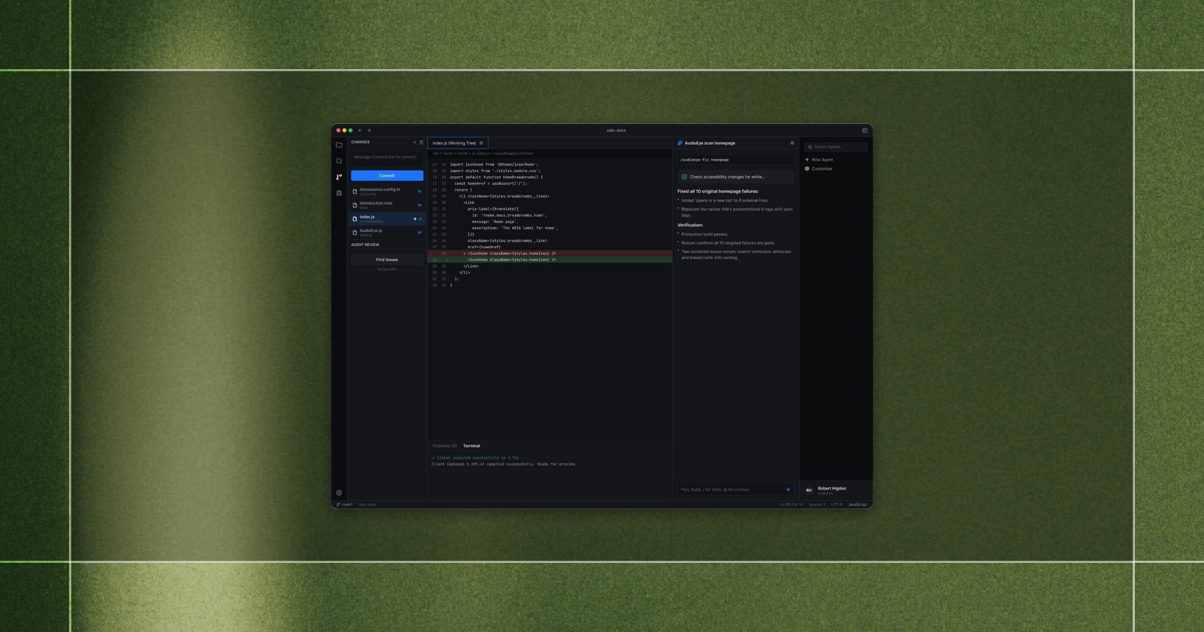 A dark-themed code editor displays JavaScript code and a file navigator, set against a green textured background with white grid lines.